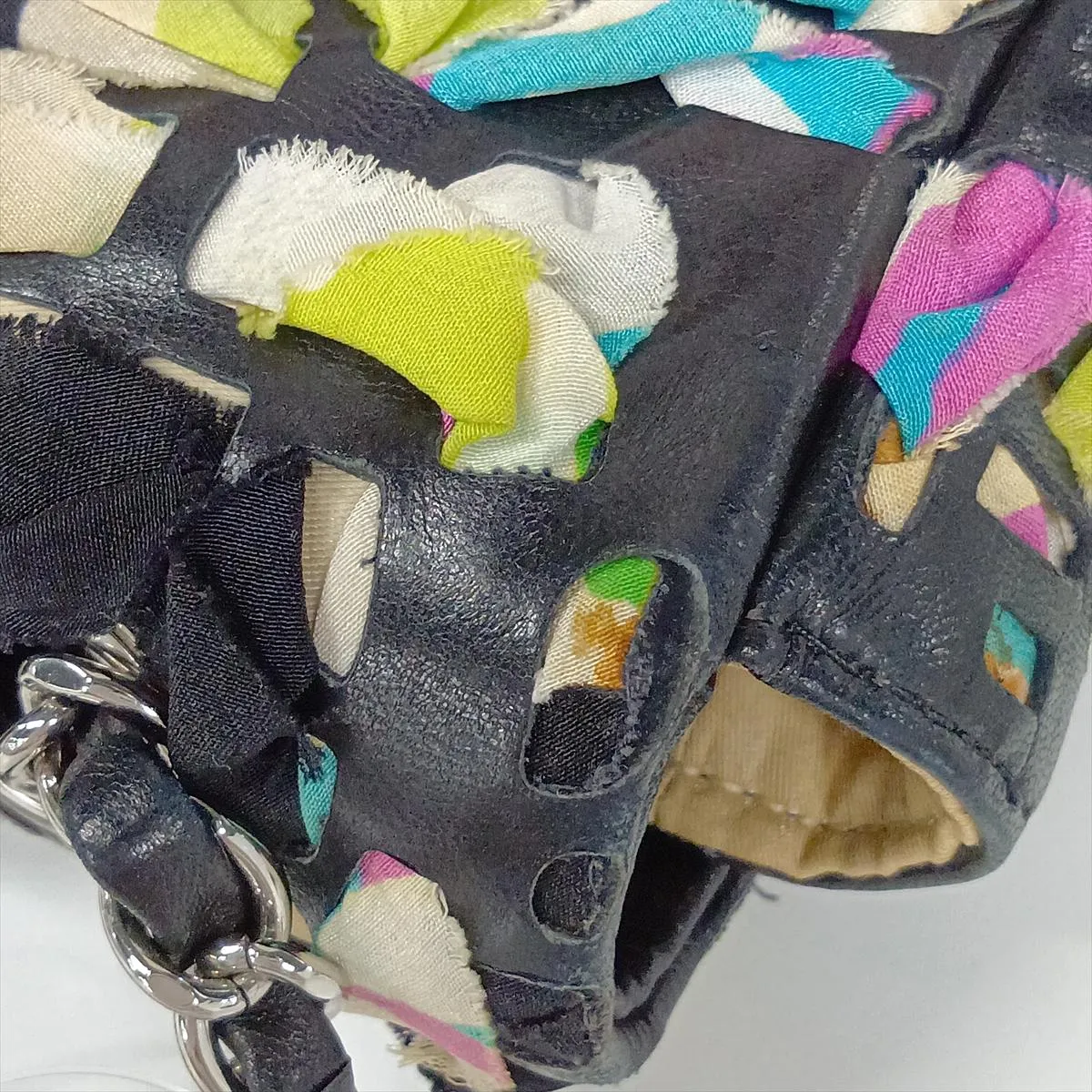 Coco Mark Silk x Lambskin Single Flap Double Chain Bag, Multicolor, Silver Hardware, 14894170, Series 14 — view 11