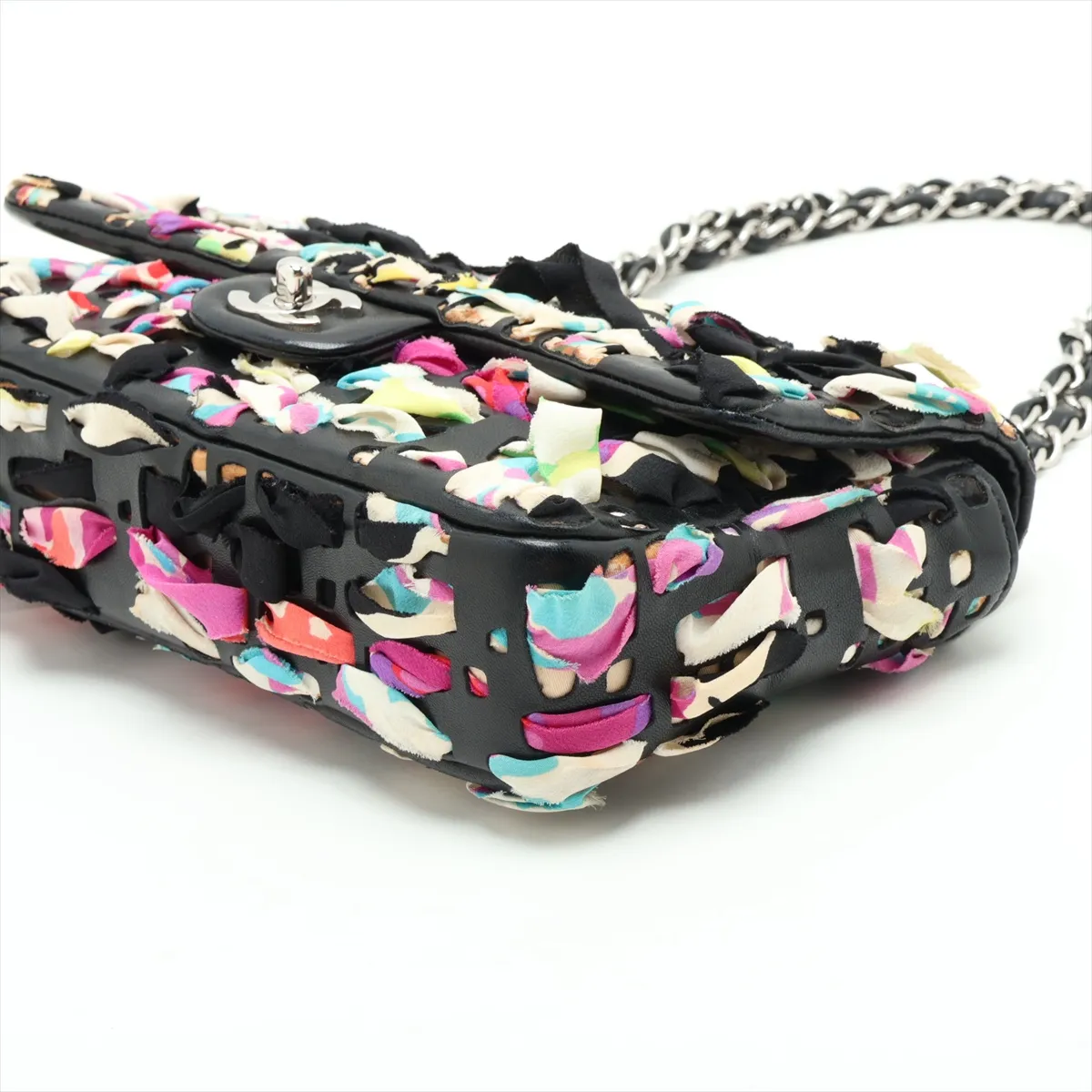 Coco Mark Silk x Lambskin Single Flap Double Chain Bag, Multicolor, Silver Hardware, 14894170, Series 14 — view 3