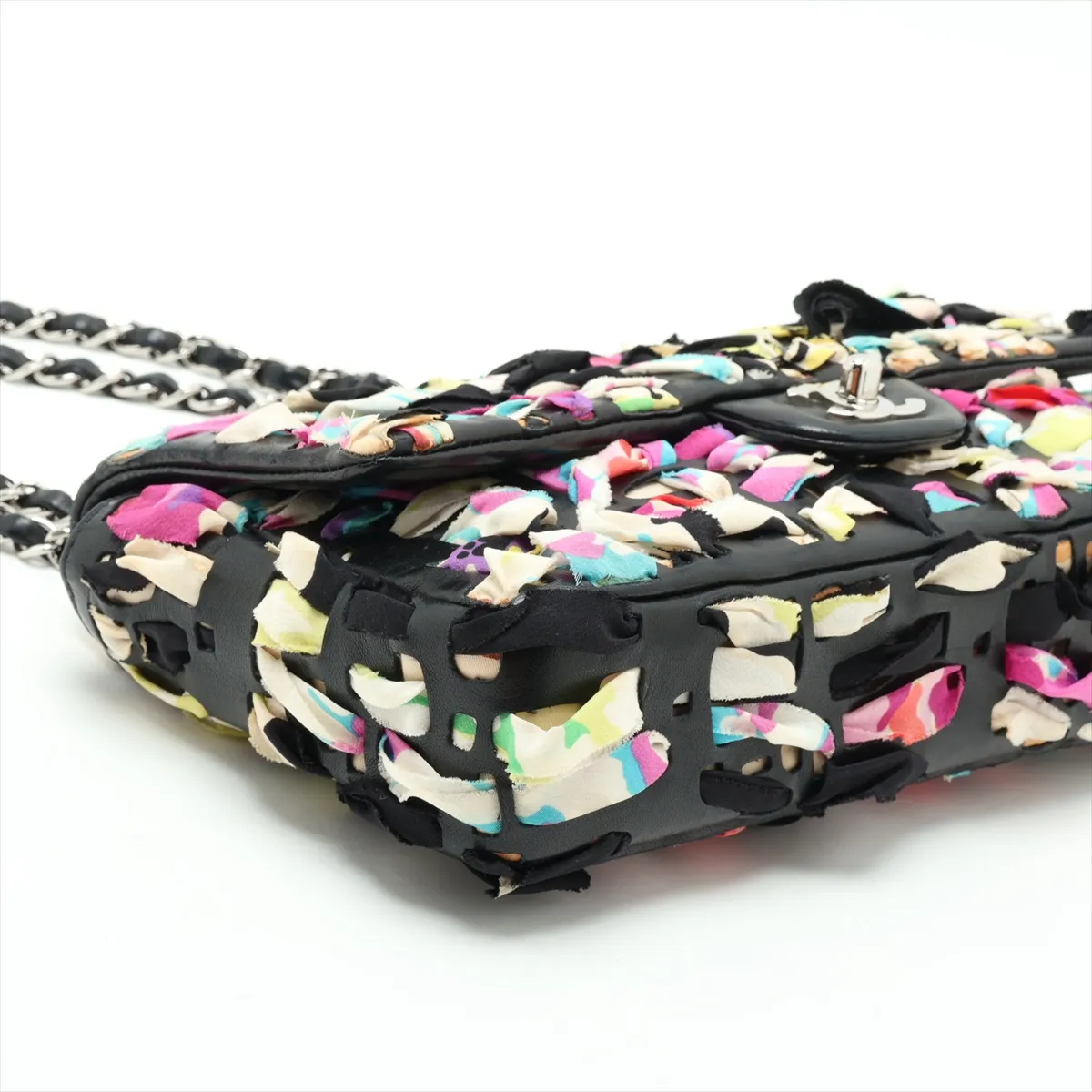 Coco Mark Silk x Lambskin Single Flap Double Chain Bag, Multicolor, Silver Hardware, 14894170, Series 14 — view 4