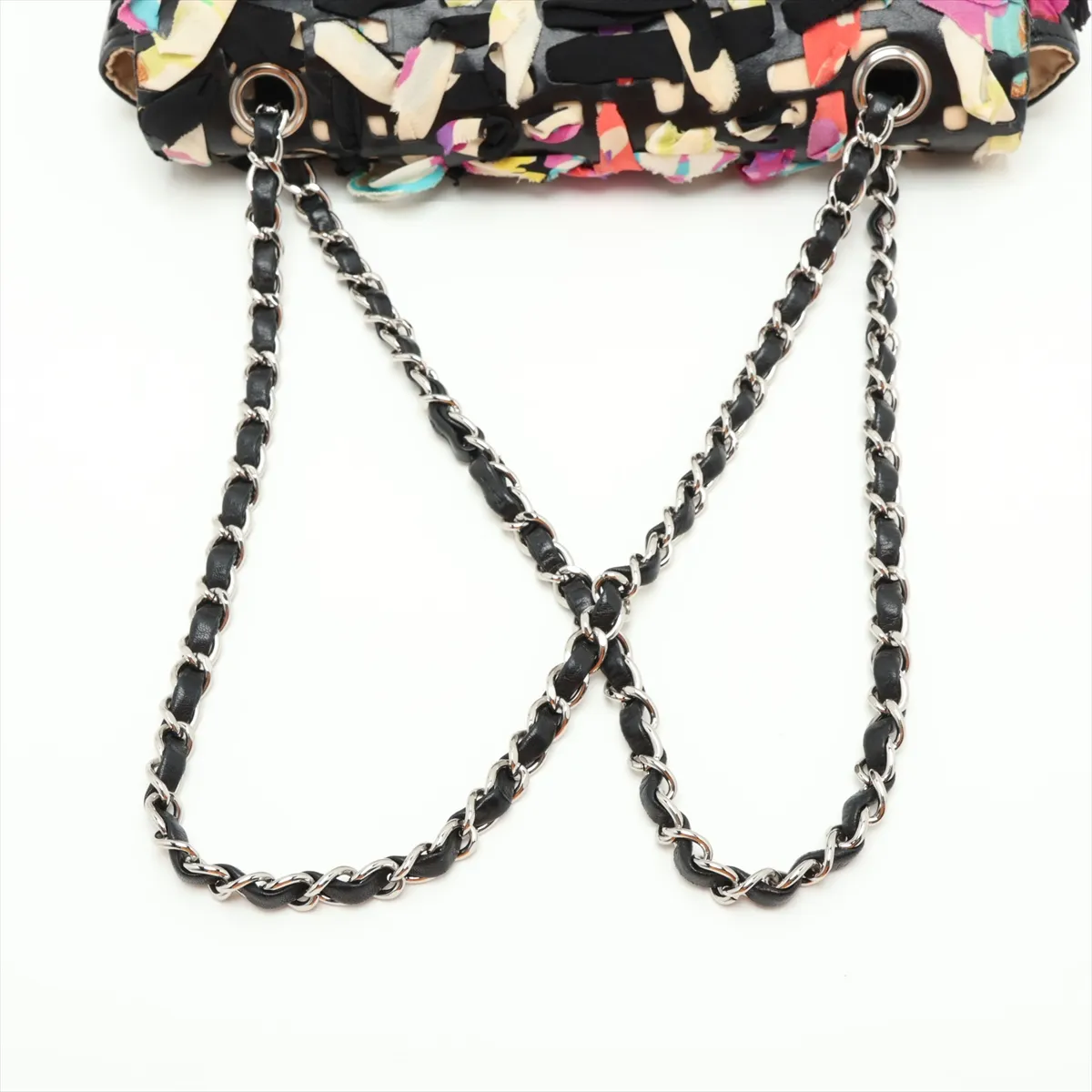 Coco Mark Silk x Lambskin Single Flap Double Chain Bag, Multicolor, Silver Hardware, 14894170, Series 14 — view 5