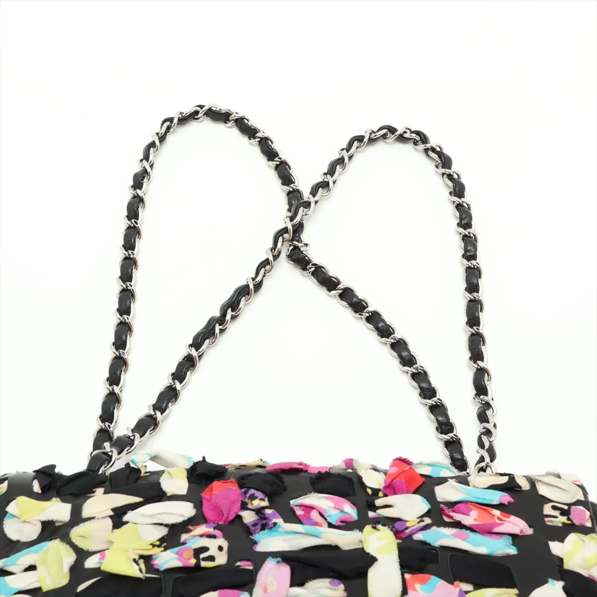 Coco Mark Silk x Lambskin Single Flap Double Chain Bag, Multicolor, Silver Hardware, 14894170, Series 14 — view 6