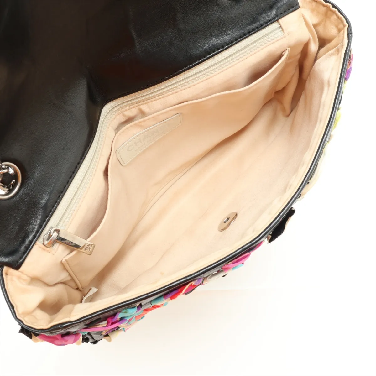 Coco Mark Silk x Lambskin Single Flap Double Chain Bag, Multicolor, Silver Hardware, 14894170, Series 14 — view 7