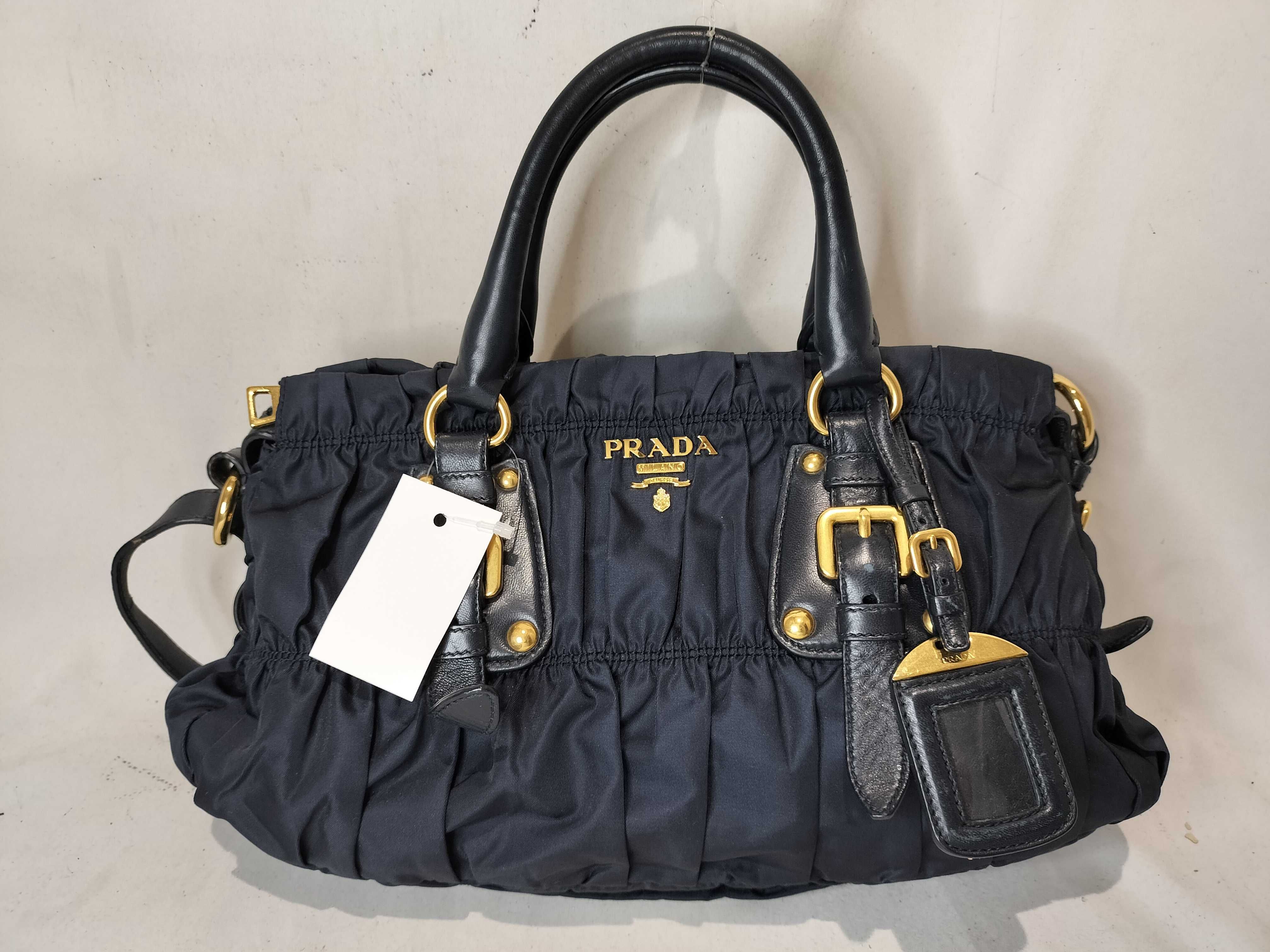 Nylon Leather Gathered 2-Way Shoulder Bag, Navy