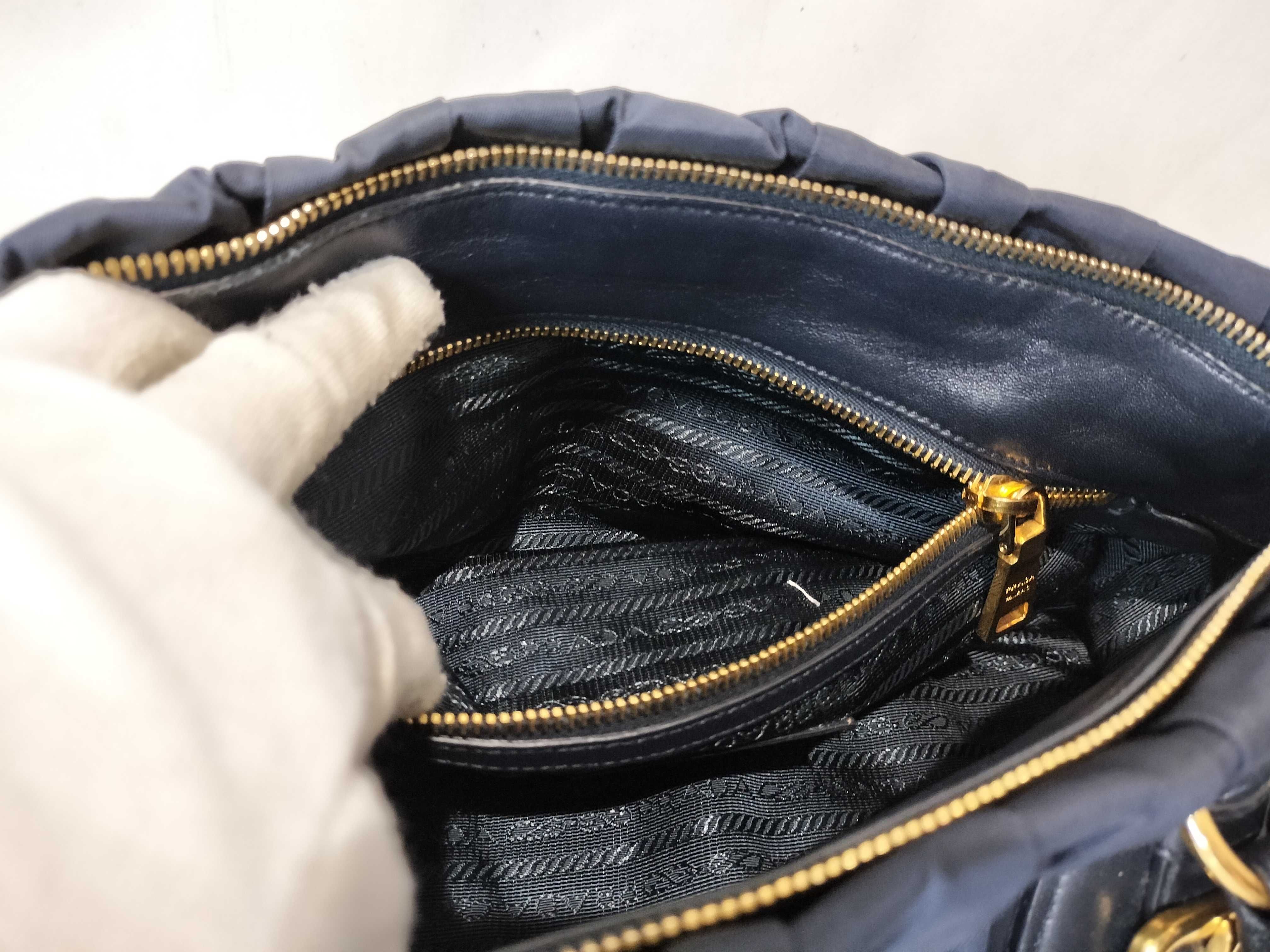 Nylon Leather Gathered 2-Way Shoulder Bag, Navy — view 11