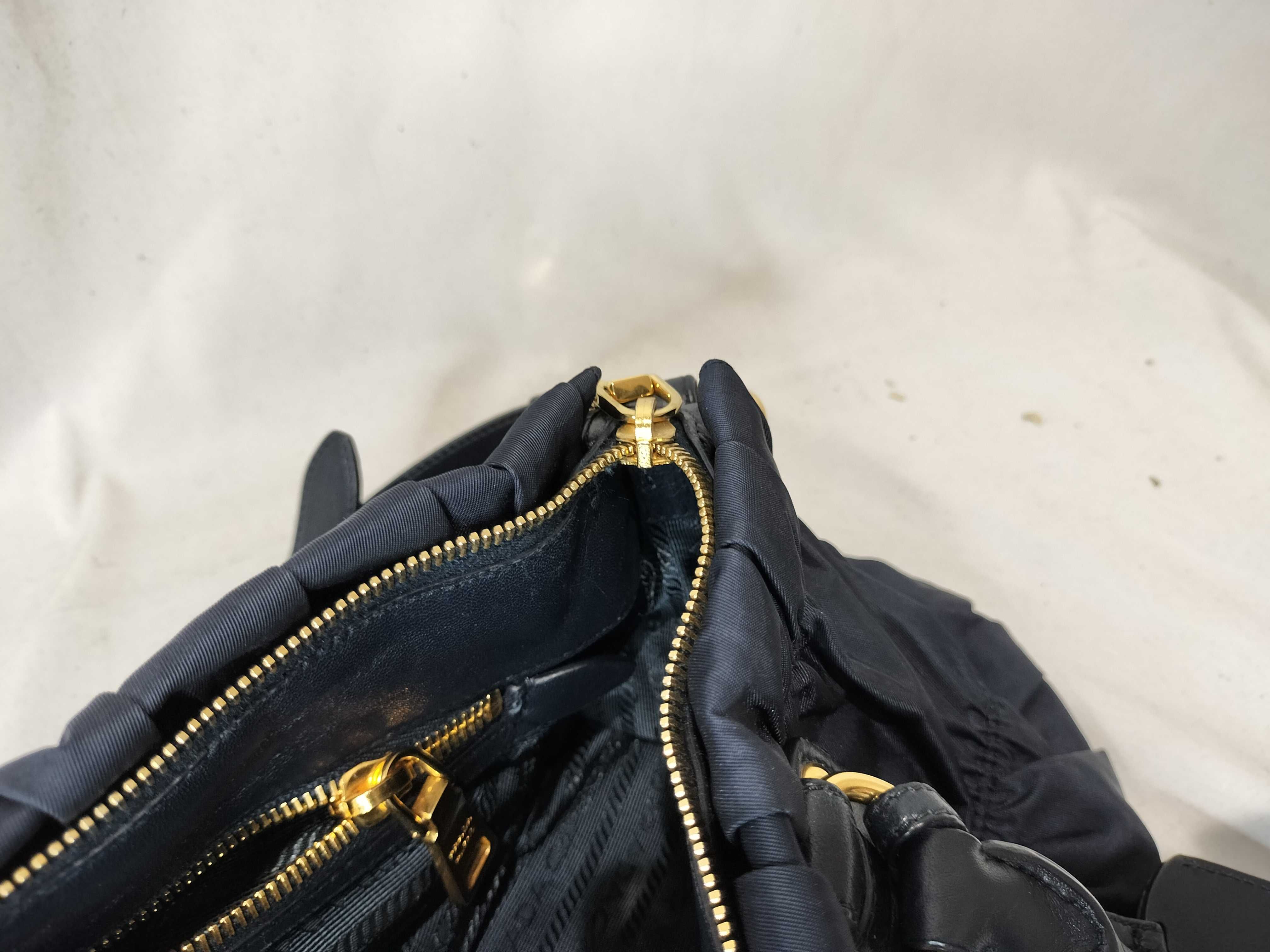 Nylon Leather Gathered 2-Way Shoulder Bag, Navy — view 13