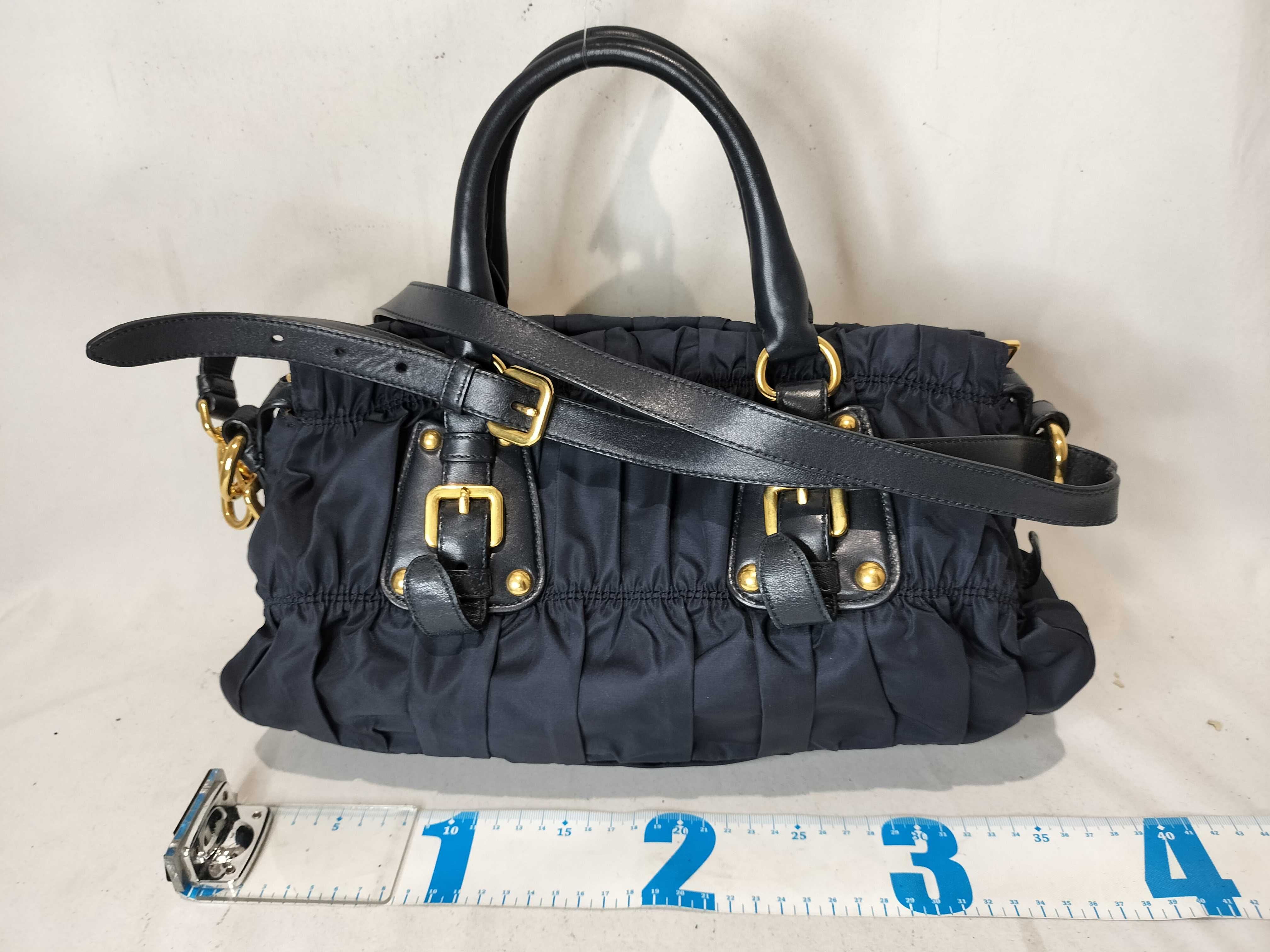 Nylon Leather Gathered 2-Way Shoulder Bag, Navy — view 3