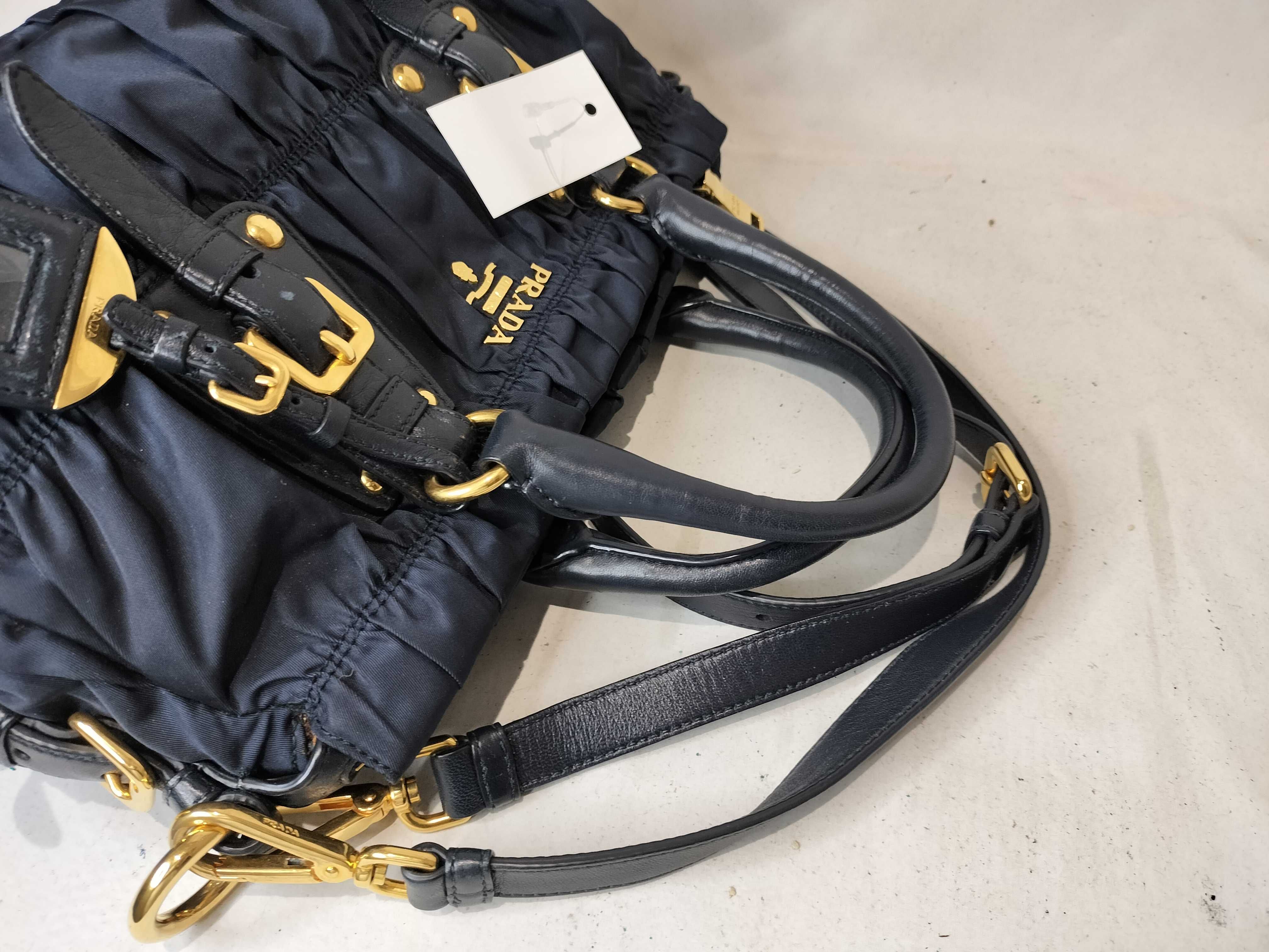 Nylon Leather Gathered 2-Way Shoulder Bag, Navy — view 4