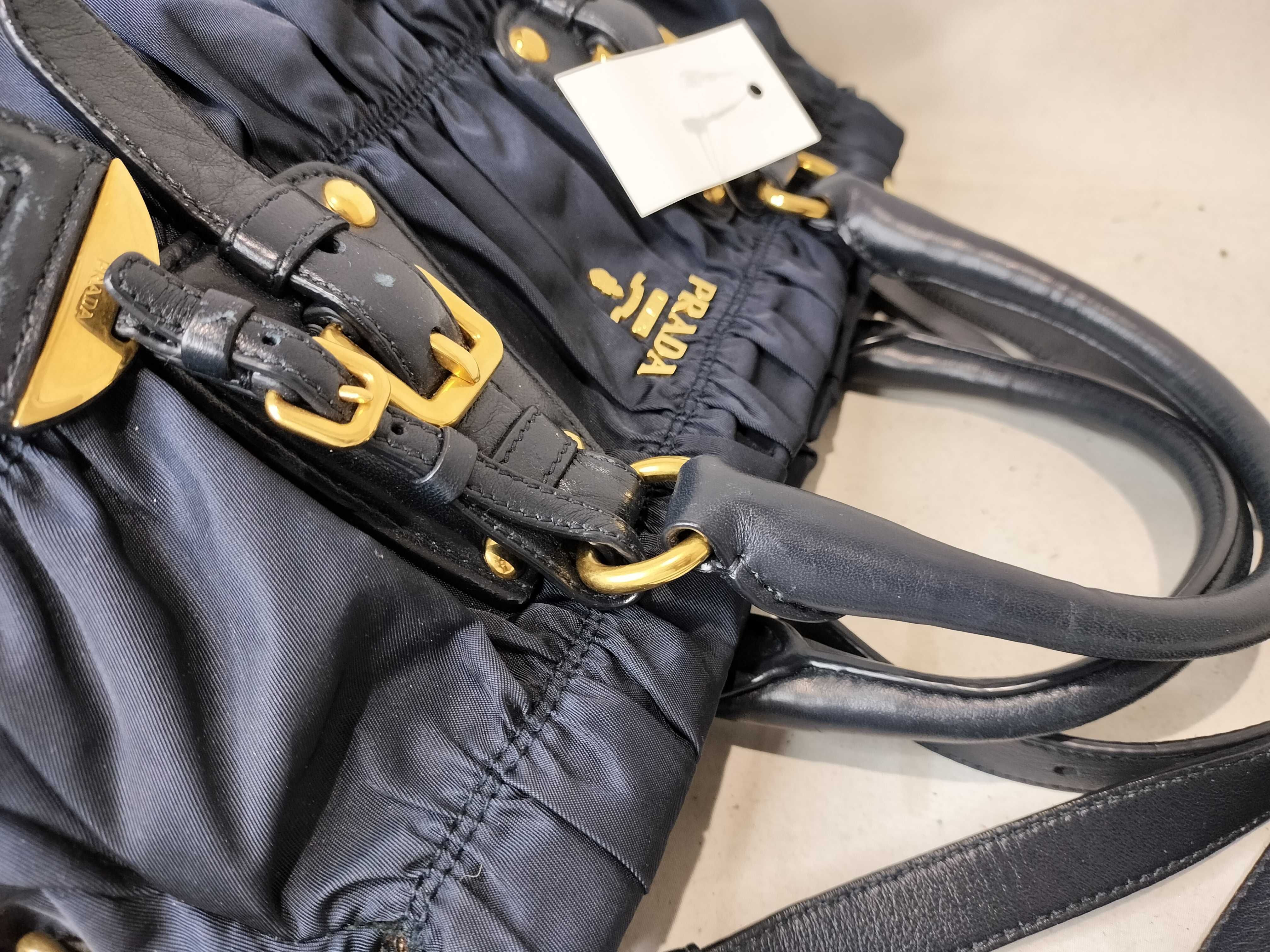 Nylon Leather Gathered 2-Way Shoulder Bag, Navy — view 6