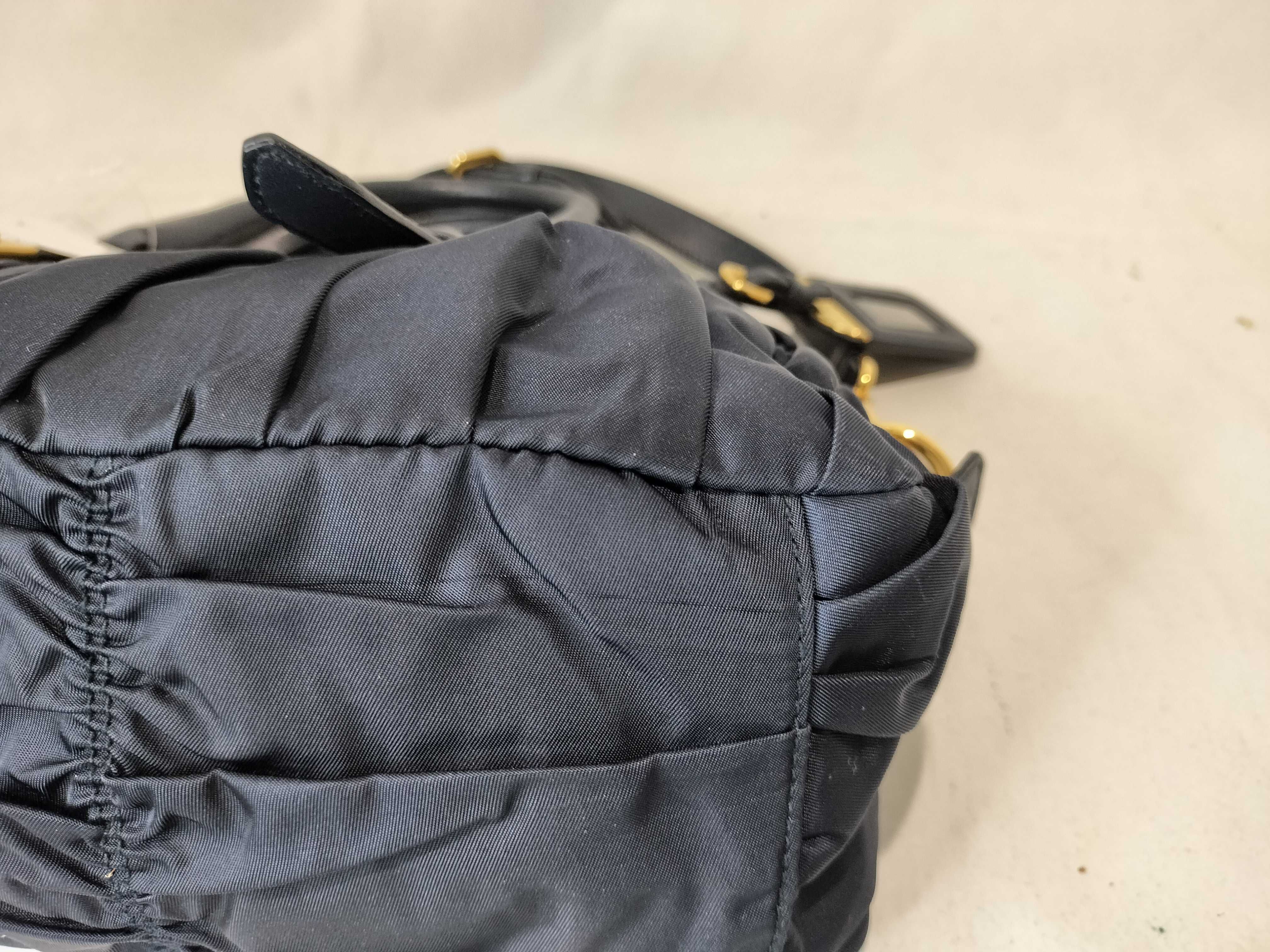 Nylon Leather Gathered 2-Way Shoulder Bag, Navy — view 7