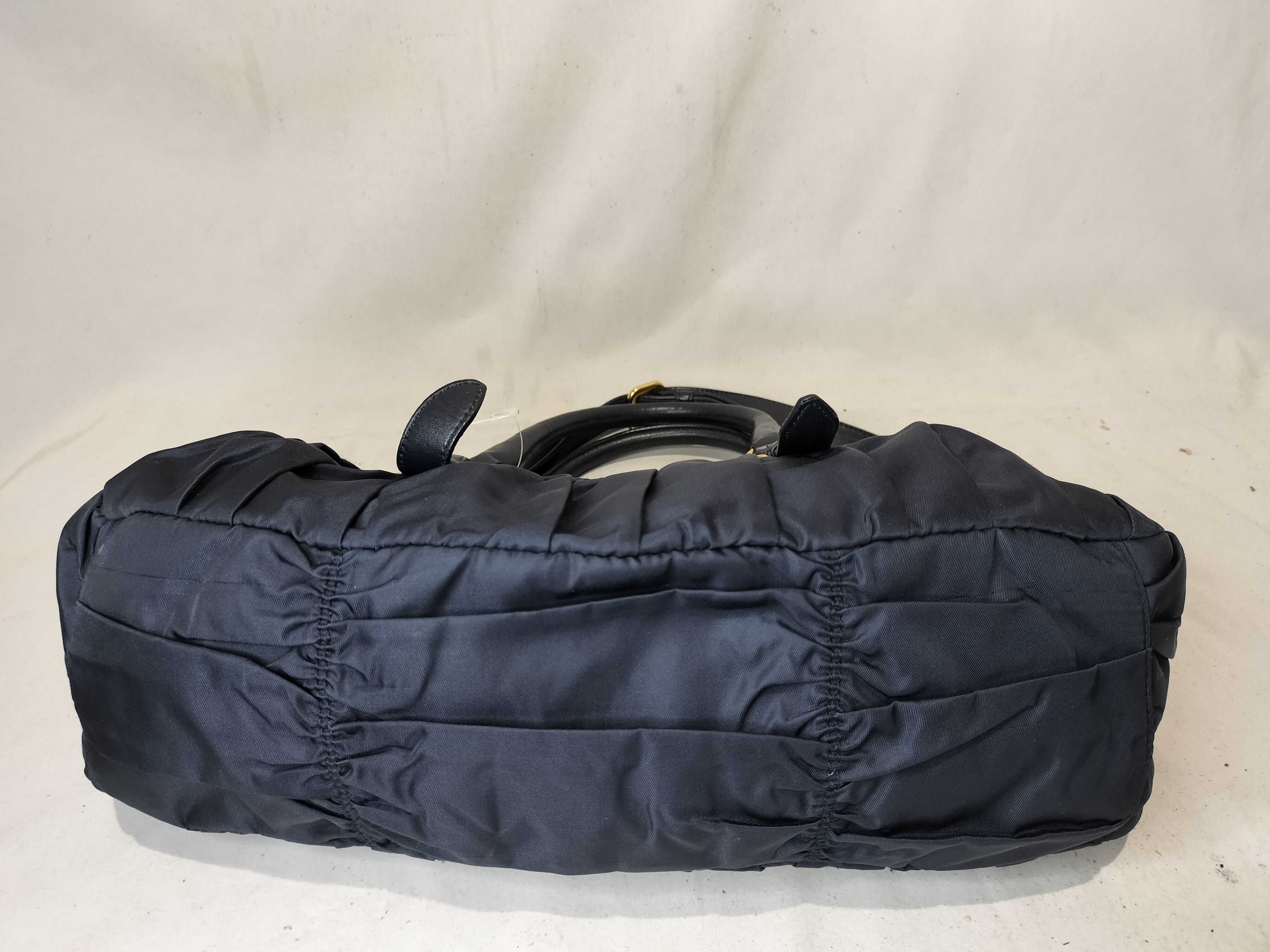 Nylon Leather Gathered 2-Way Shoulder Bag, Navy — view 8