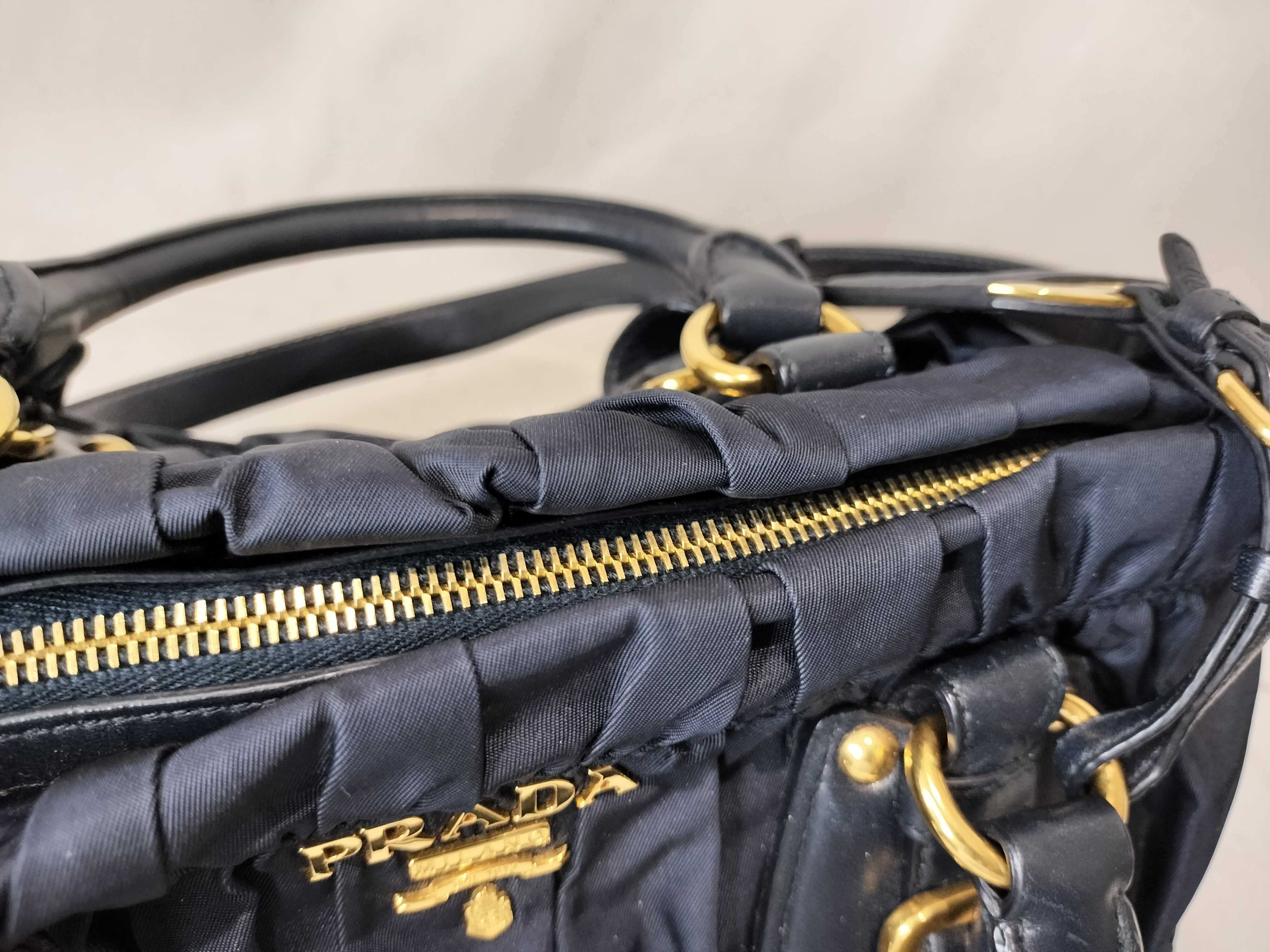 Nylon Leather Gathered 2-Way Shoulder Bag, Navy — view 9