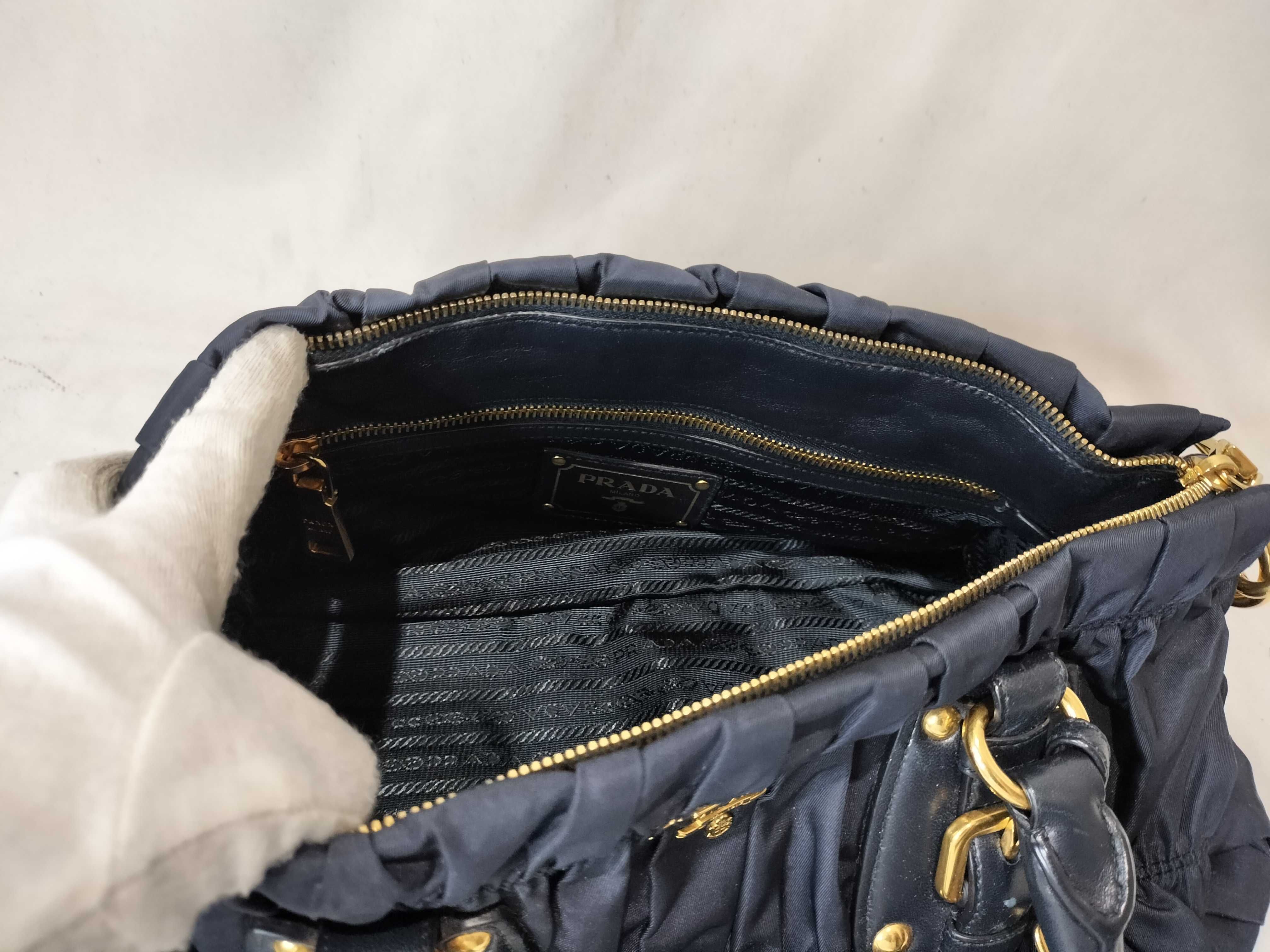 Nylon Leather Gathered 2-Way Shoulder Bag, Navy — view 10