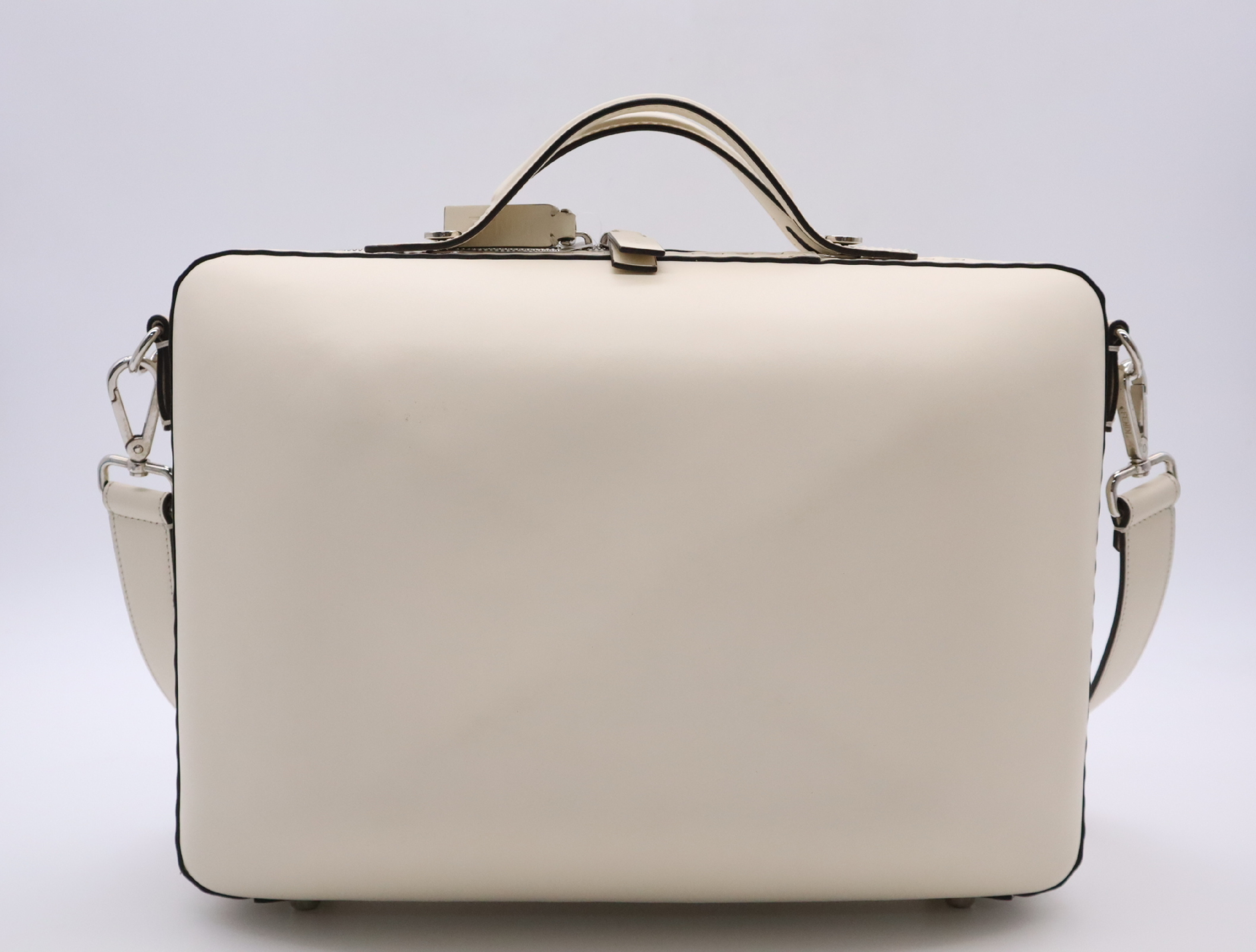 Leather Suitcase, Ivory, Silver Hardware, with Shoulder Strap and Dust Bag. — view 2