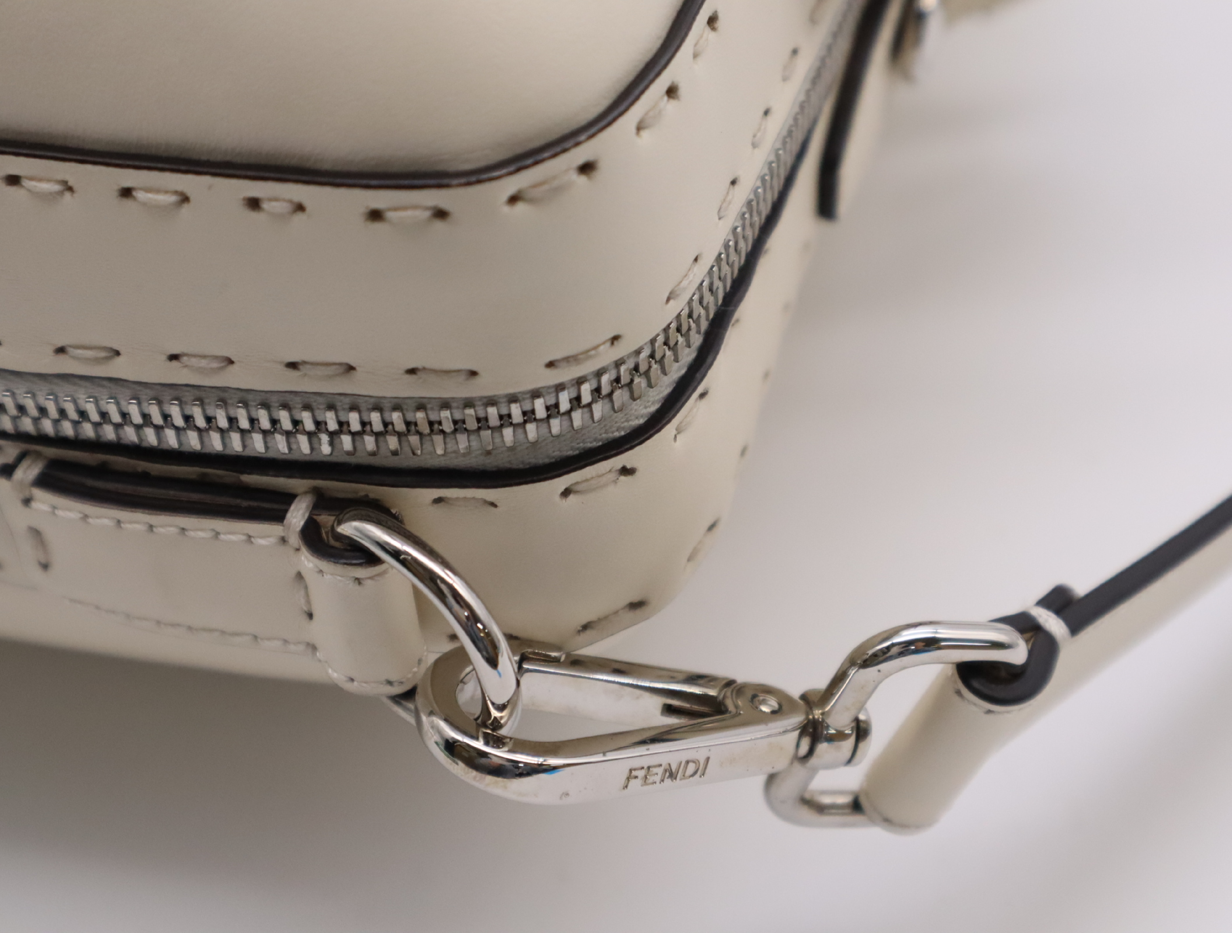 Leather Suitcase, Ivory, Silver Hardware, with Shoulder Strap and Dust Bag. — view 8