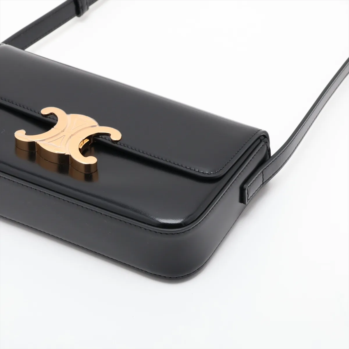 Triomphe Claude Leather Shoulder Bag, Black — view 3