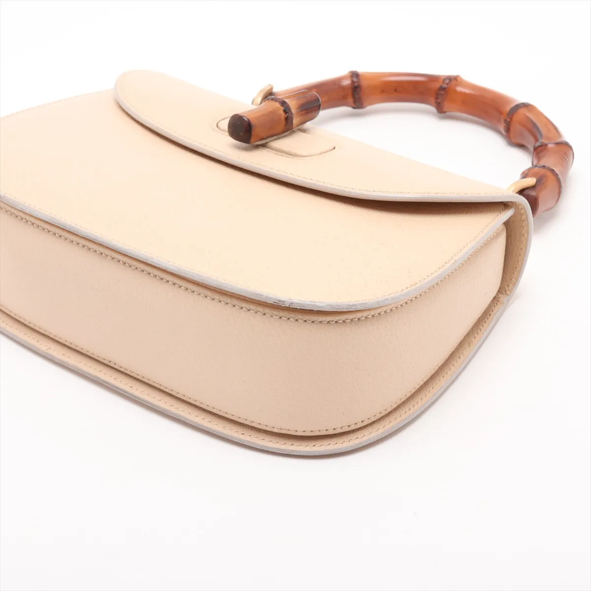 Bamboo Leather 2-Way Handbag, Beige, with Mirror — view 3