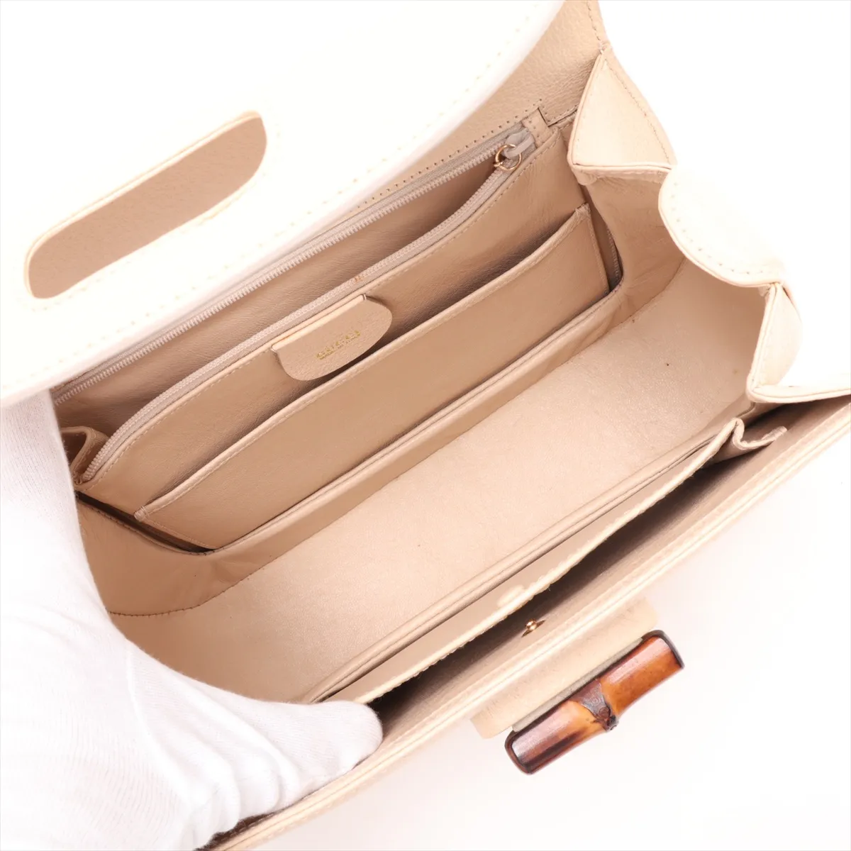 Bamboo Leather 2-Way Handbag, Beige, with Mirror — view 8