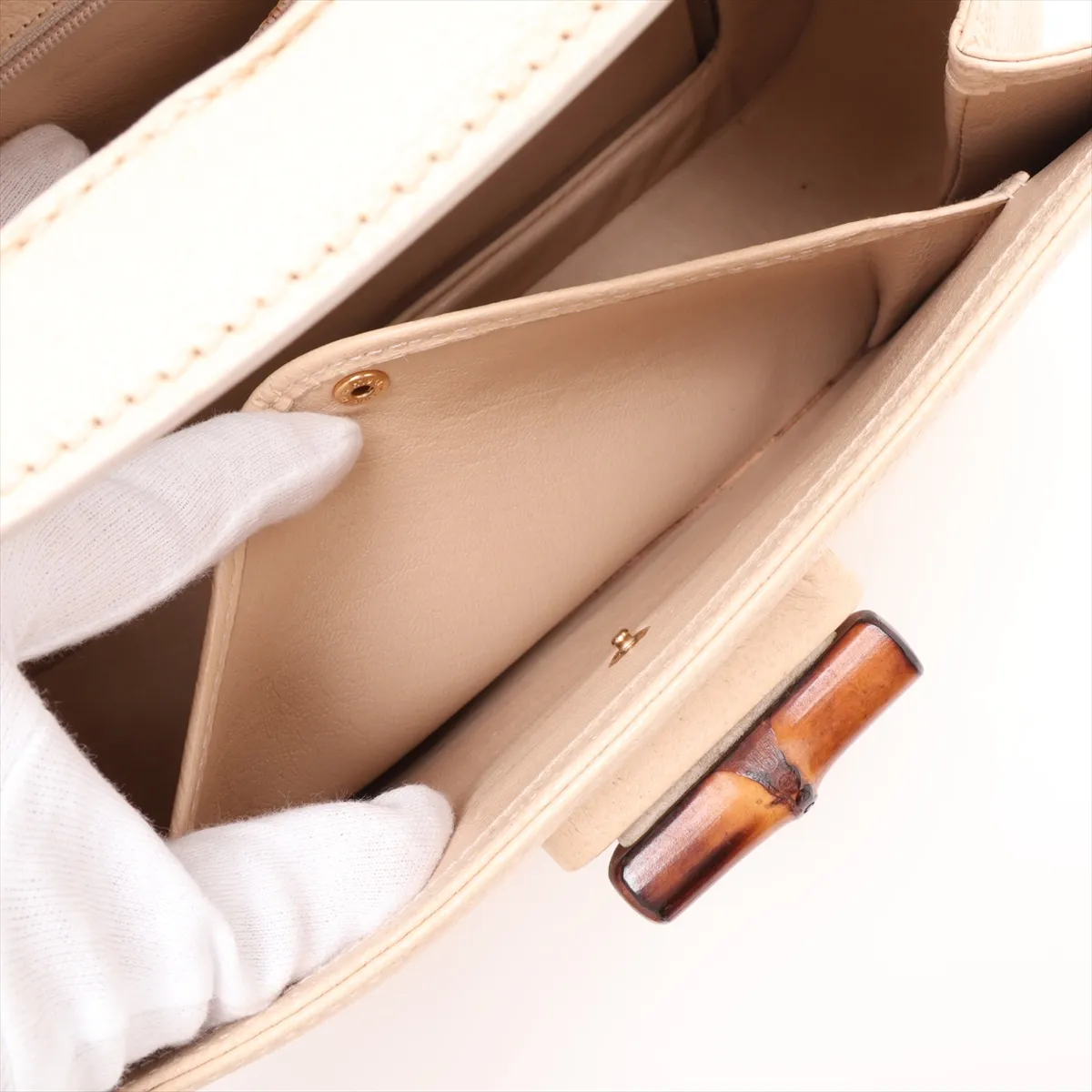 Bamboo Leather 2-Way Handbag, Beige, with Mirror — view 9