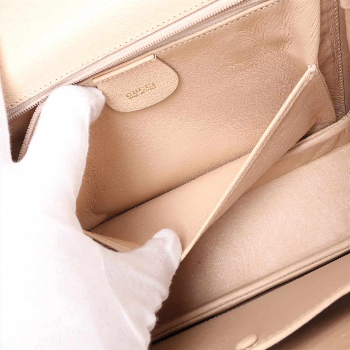 Bamboo Leather 2-Way Handbag, Beige, with Mirror — view 10