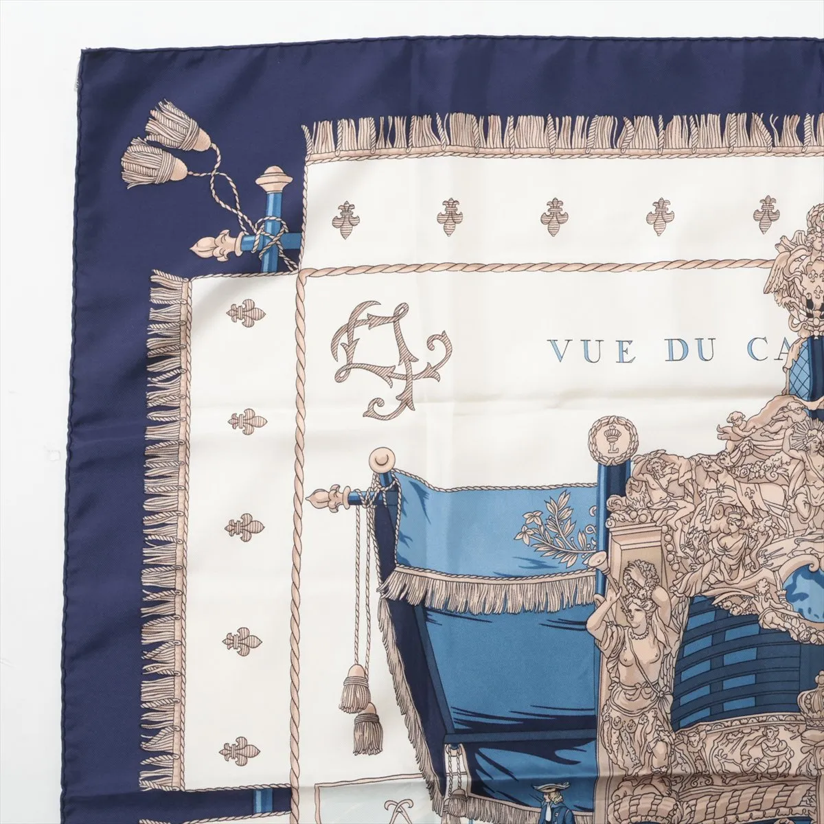Carre 90 VUE DU CAROSSE DE Queen's Coronation Scarf, Silk, Navy. Shows wear, — view 2