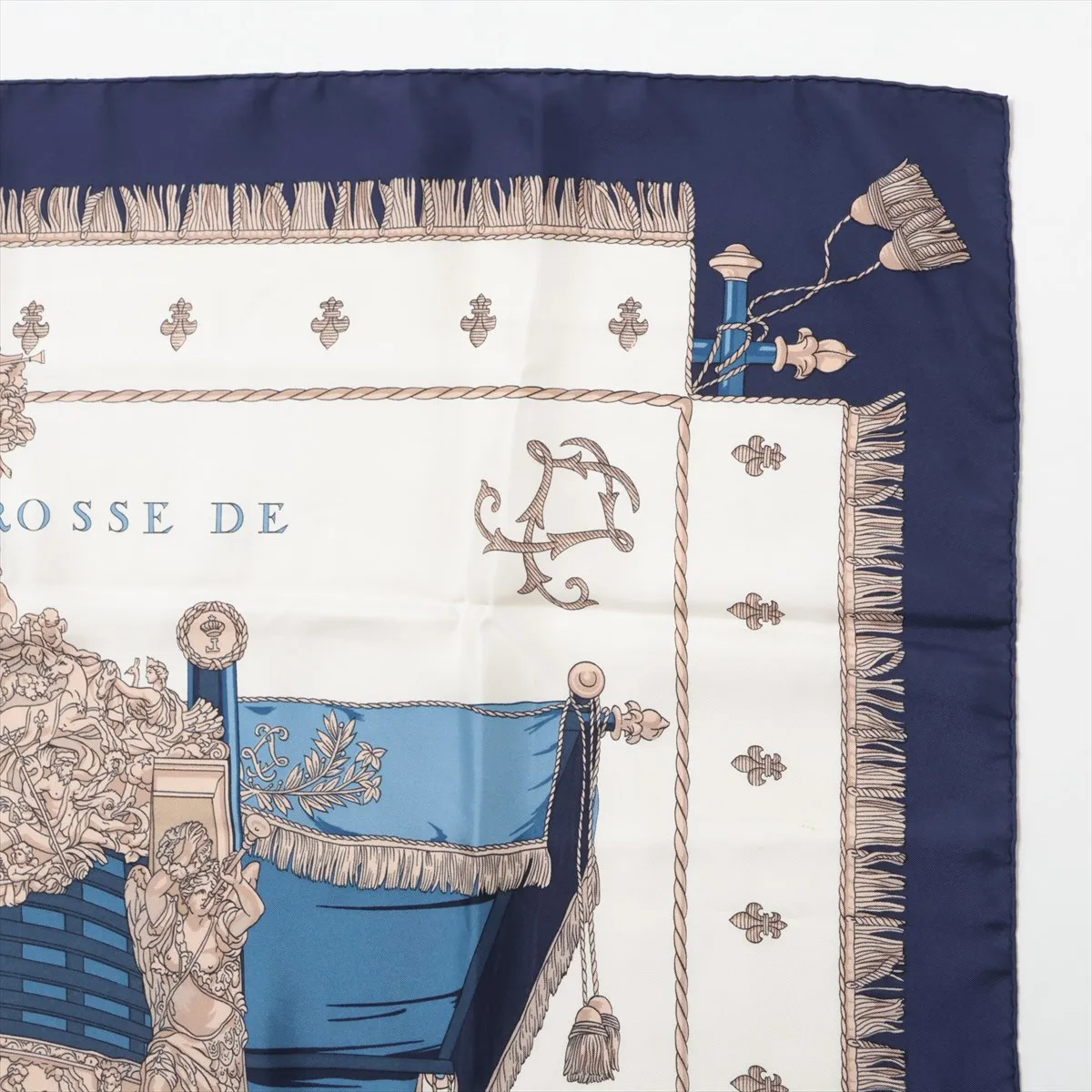 Carre 90 VUE DU CAROSSE DE Queen's Coronation Scarf, Silk, Navy. Shows wear, — view 3