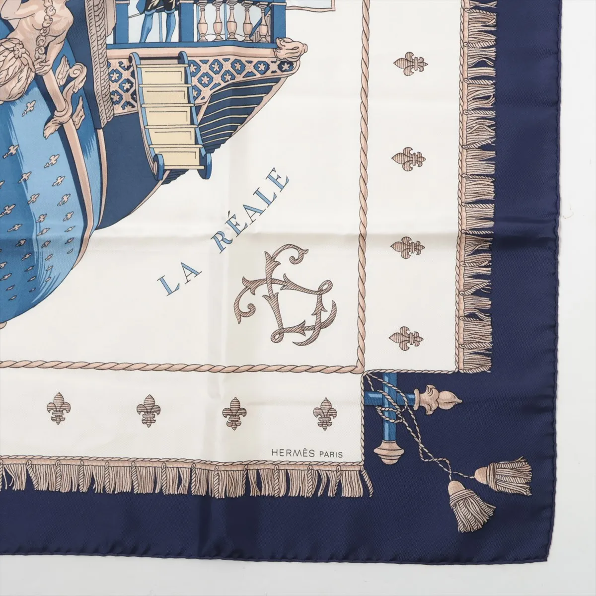 Carre 90 VUE DU CAROSSE DE Queen's Coronation Scarf, Silk, Navy. Shows wear, — view 4