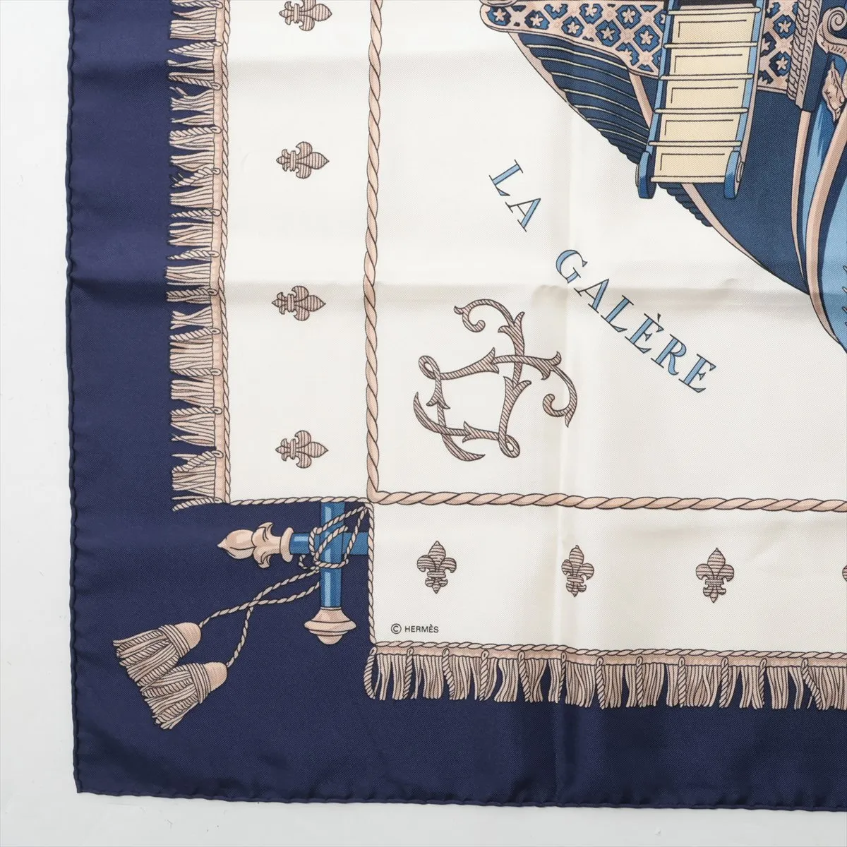 Carre 90 VUE DU CAROSSE DE Queen's Coronation Scarf, Silk, Navy. Shows wear, — view 5