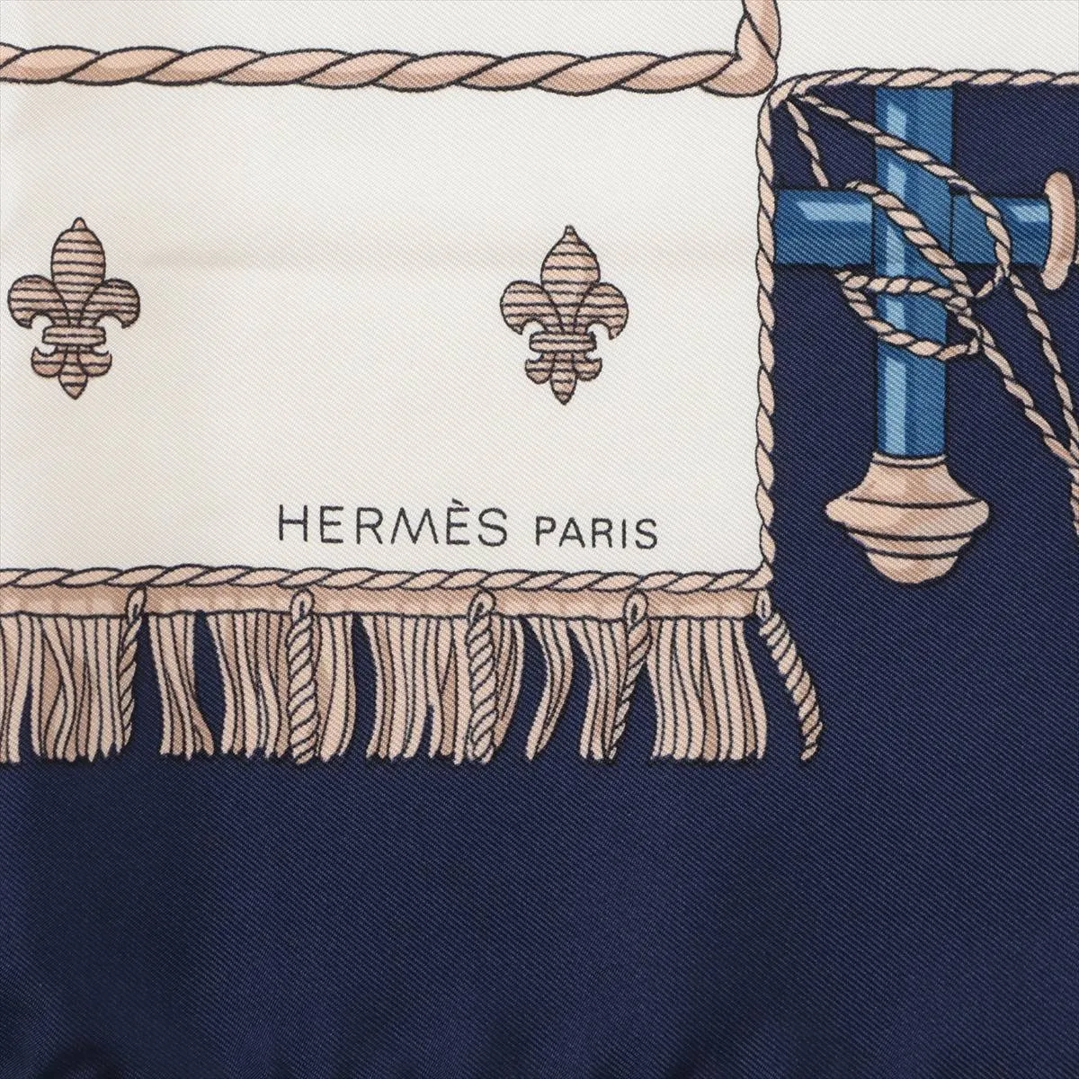 Carre 90 VUE DU CAROSSE DE Queen's Coronation Scarf, Silk, Navy. Shows wear, — view 6