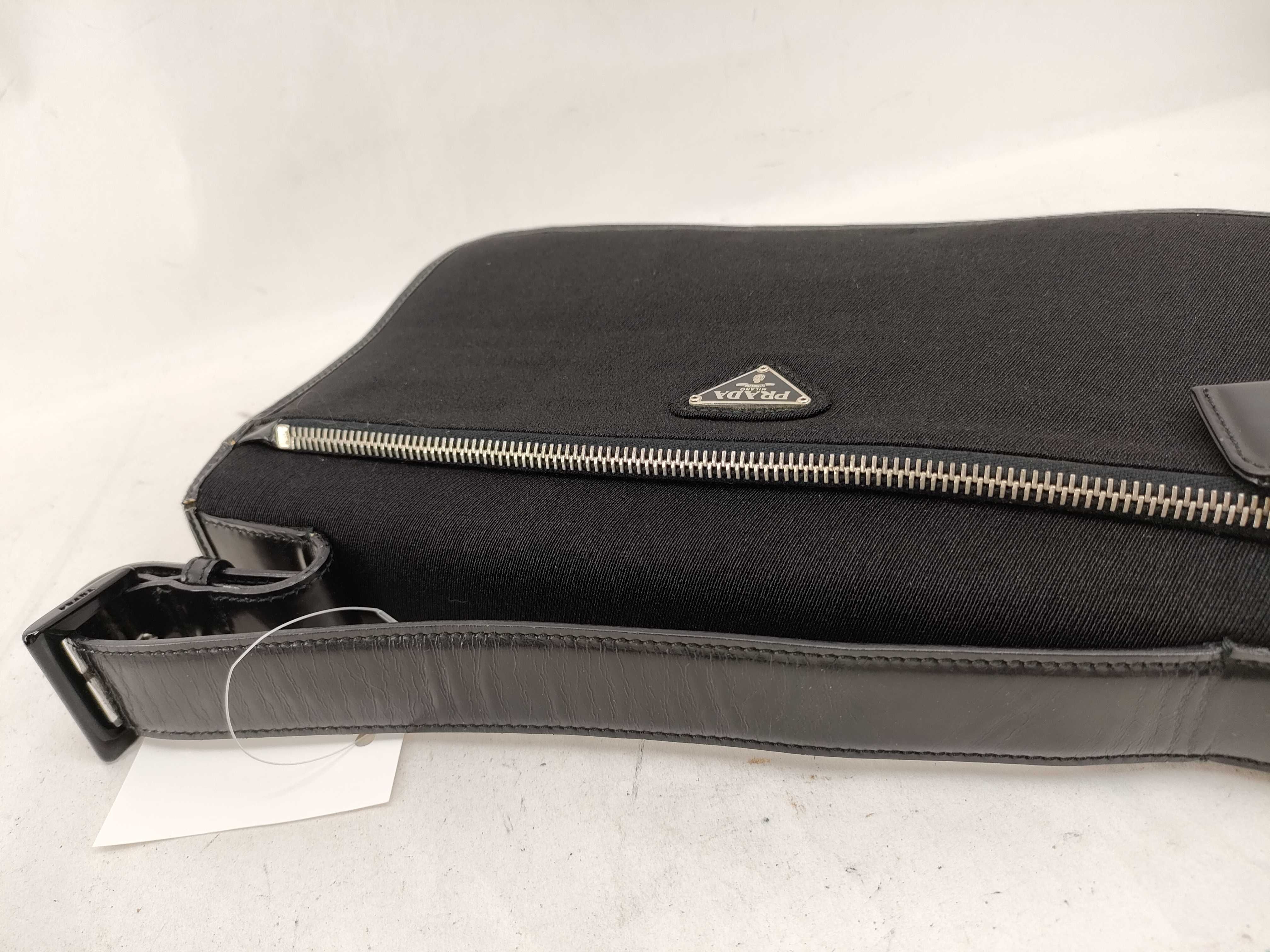 One-Shoulder Leather x Canvas Triangle Plate Shoulder Bag — view 6