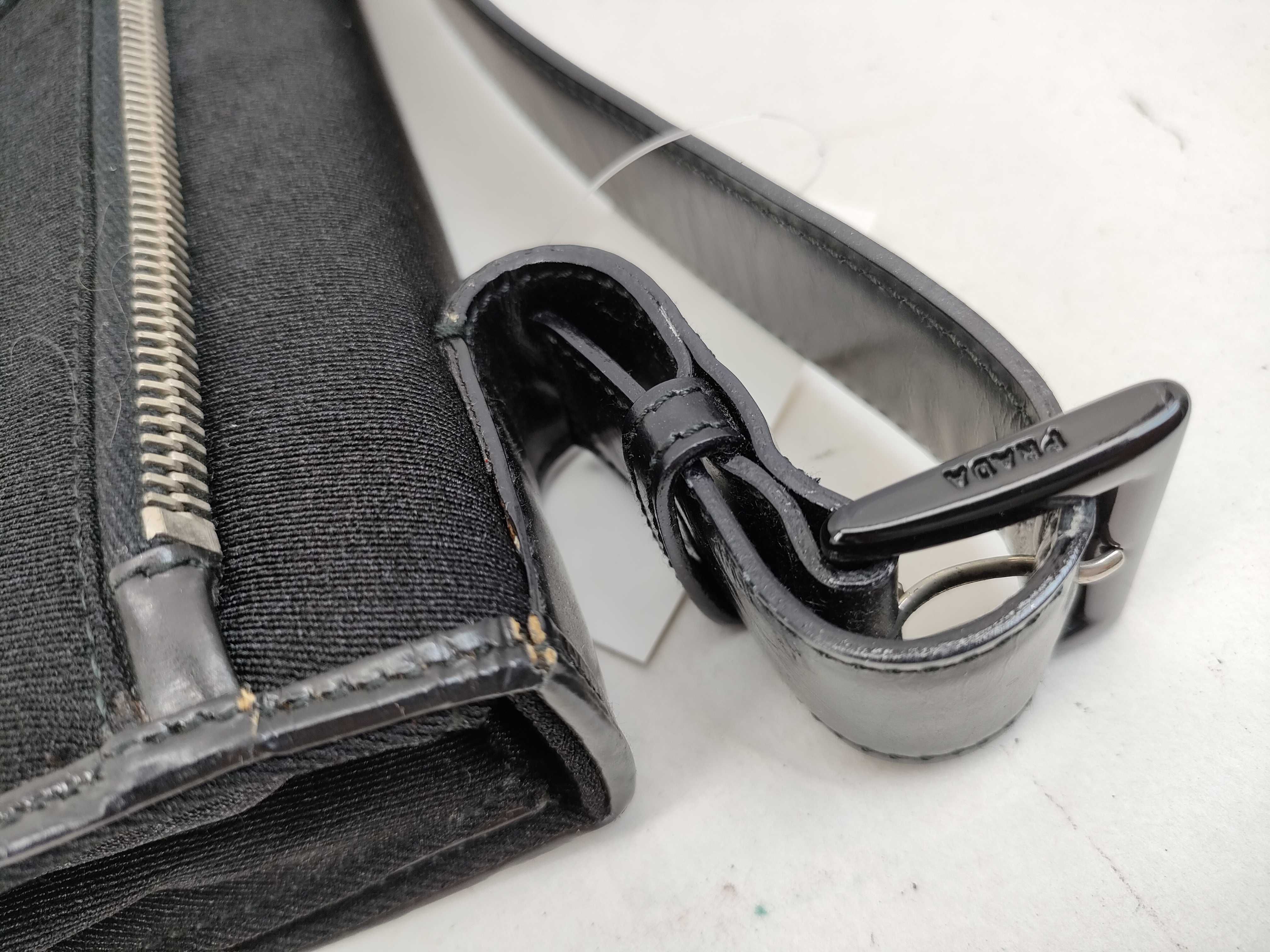 One-Shoulder Leather x Canvas Triangle Plate Shoulder Bag — view 7