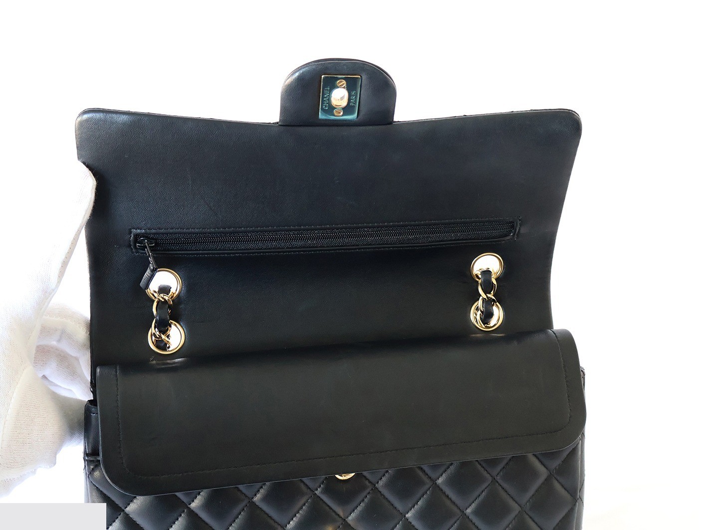 Matelassé 25 Lambskin Double Flap Double Chain Shoulder Bag, Black — view 10