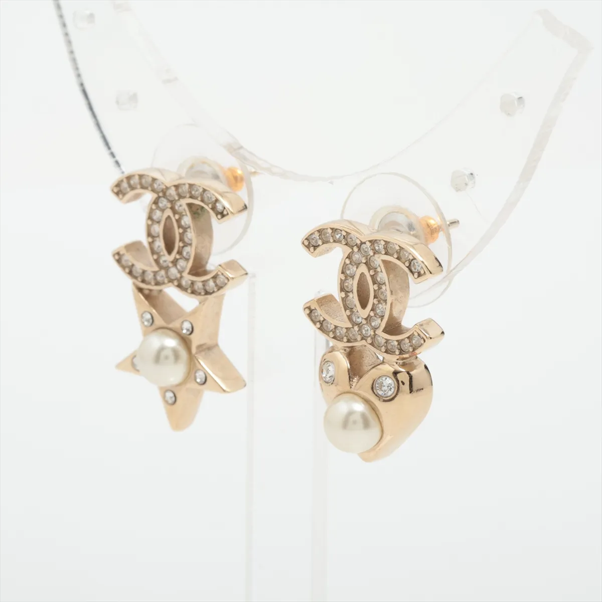 Coco Mark Star & Heart B19B Earrings (Pair) GP x Rhinestone x Faux Pearl Gold - — view 3