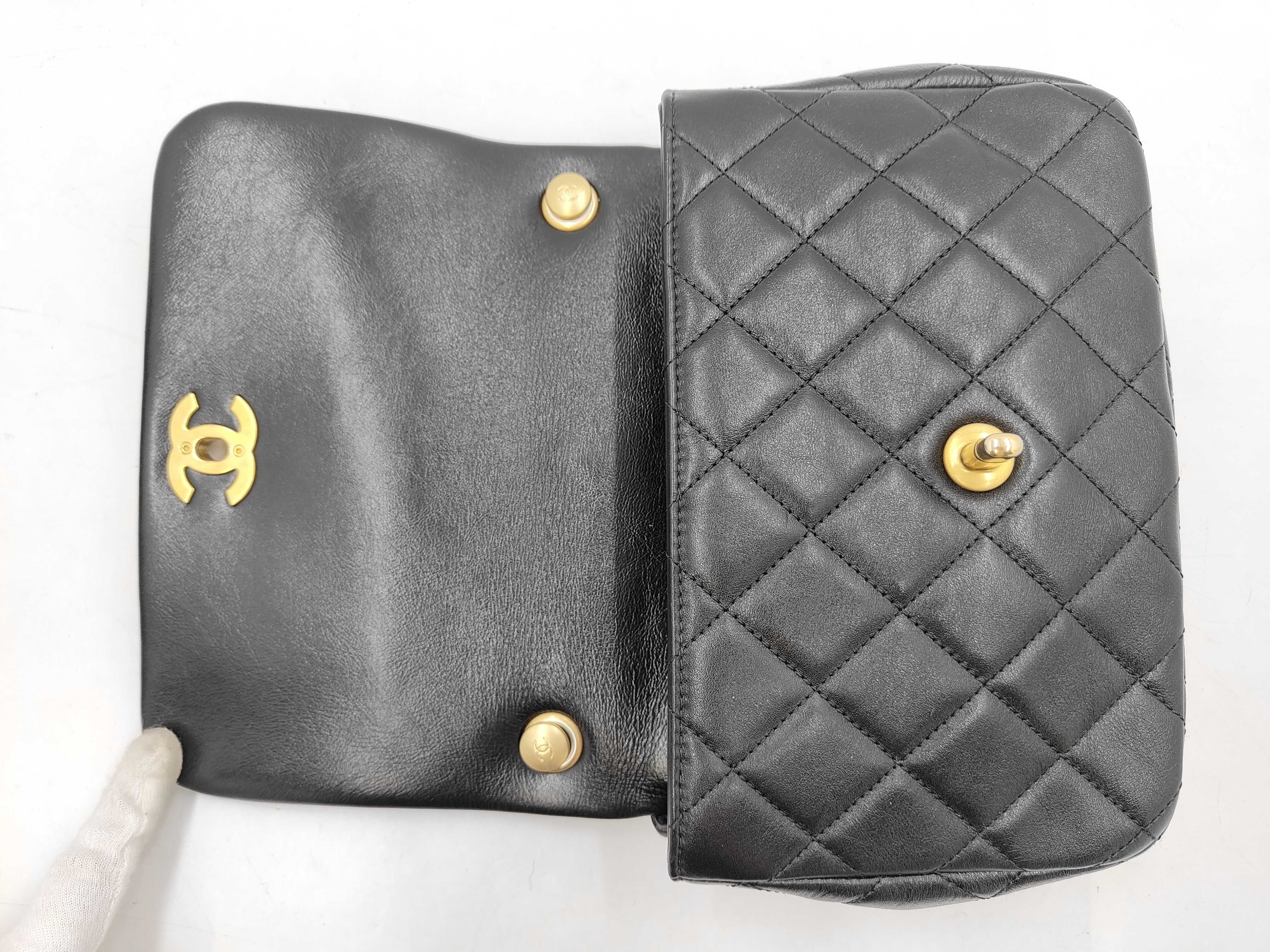 Matelassé Chain Shoulder Bag, Black Lambskin, Pearl Coco Mark, Pearl Chain Shoulder Bag — view 9