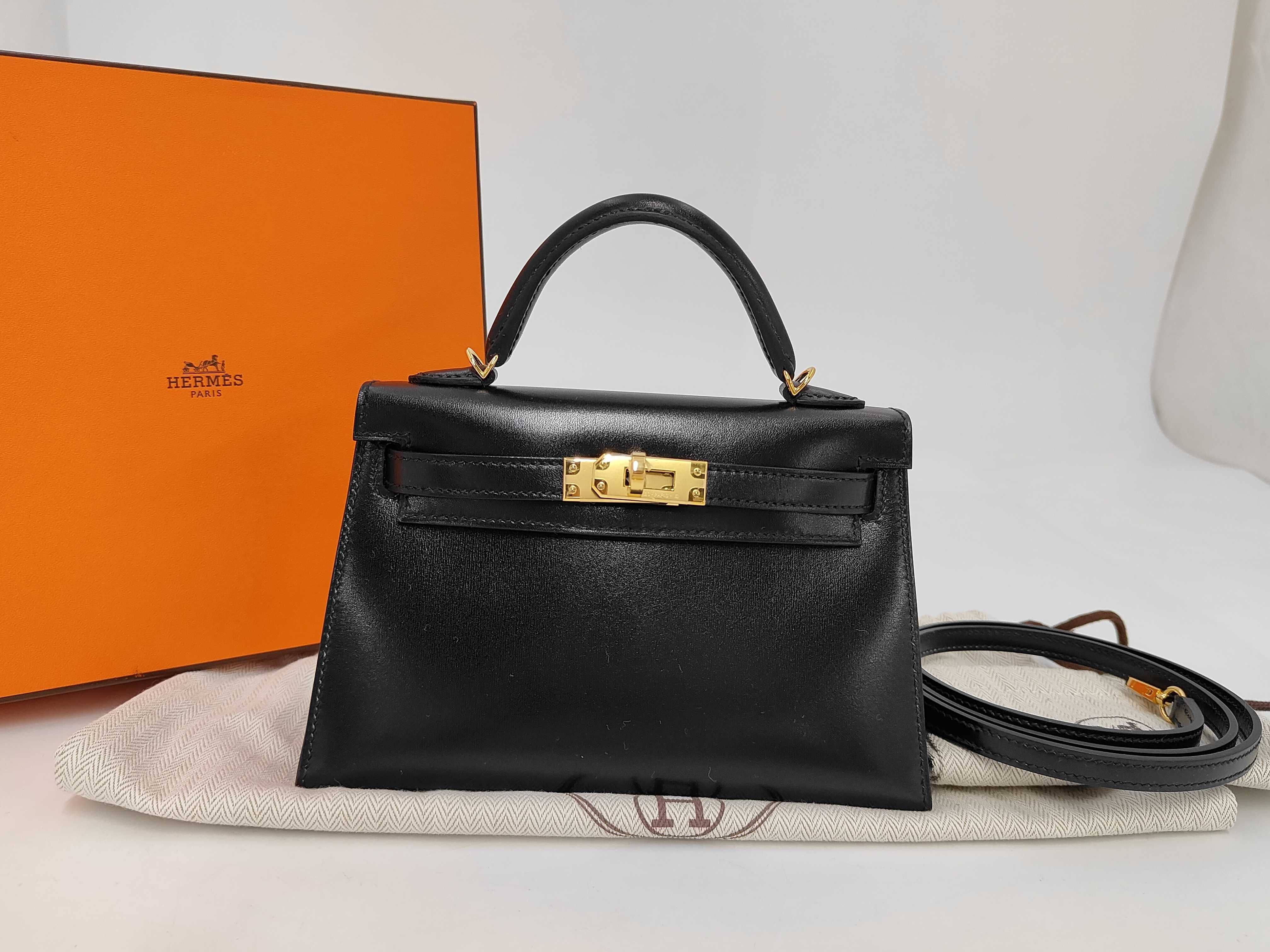 Mini Kelly II, B stamp, black box calf leather, gold hardware, dust bag, box, handbag.