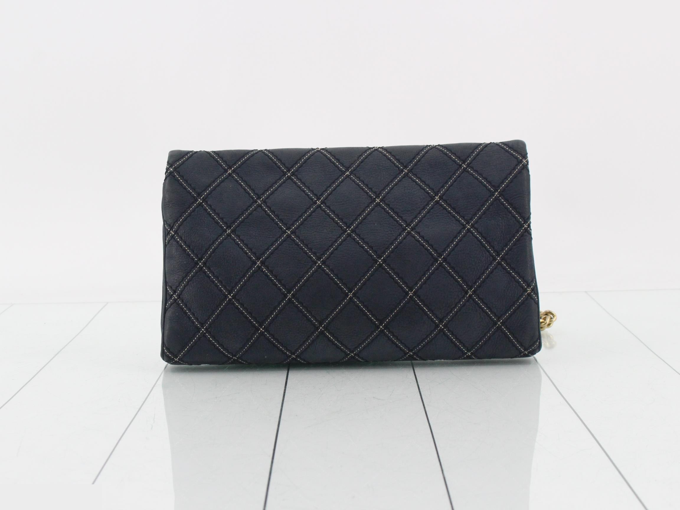Matelassé Leather Chain Shoulder Bag, Navy — view 2