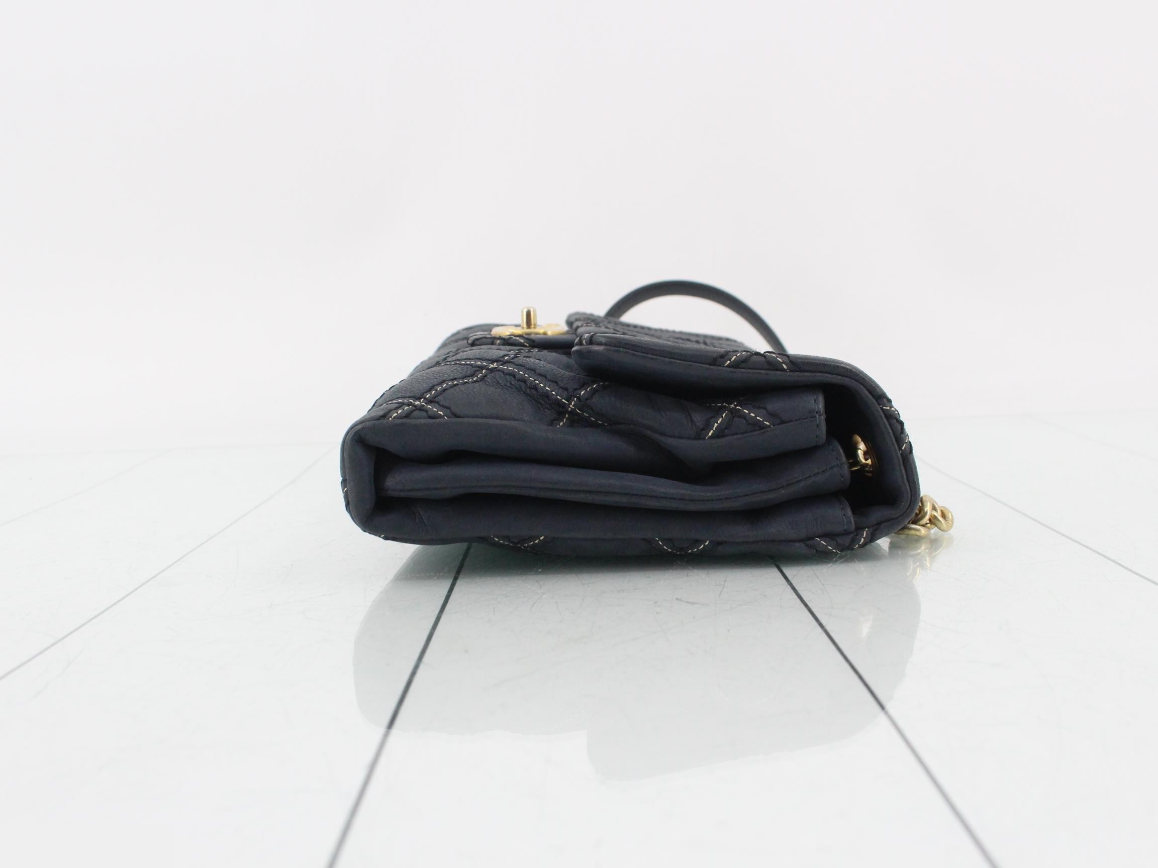 Matelassé Leather Chain Shoulder Bag, Navy — view 3