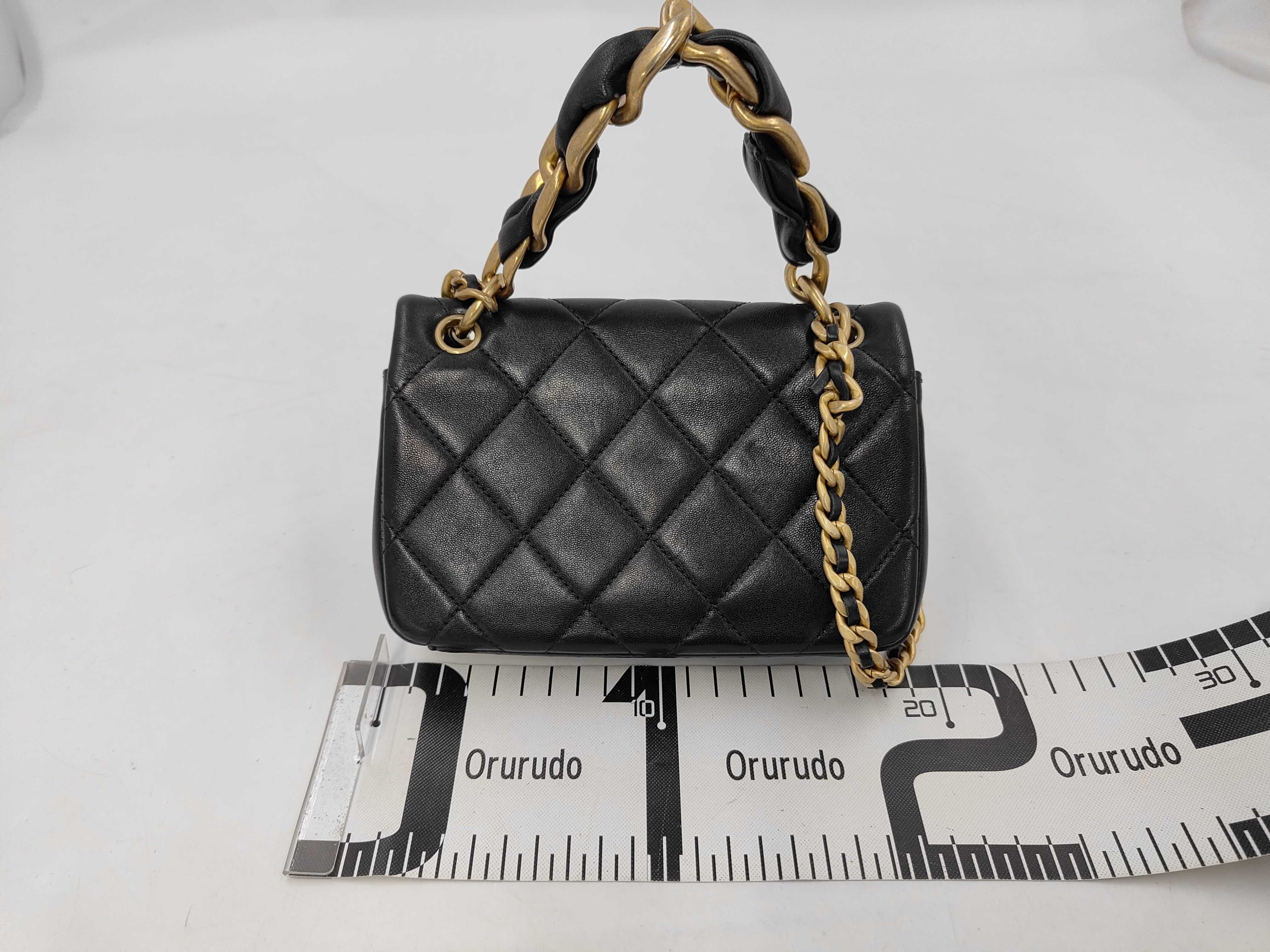 Mini Matelassé Chain Shoulder Bag, Black Lambskin, Pearl Chain, Gold Hardware. — view 2