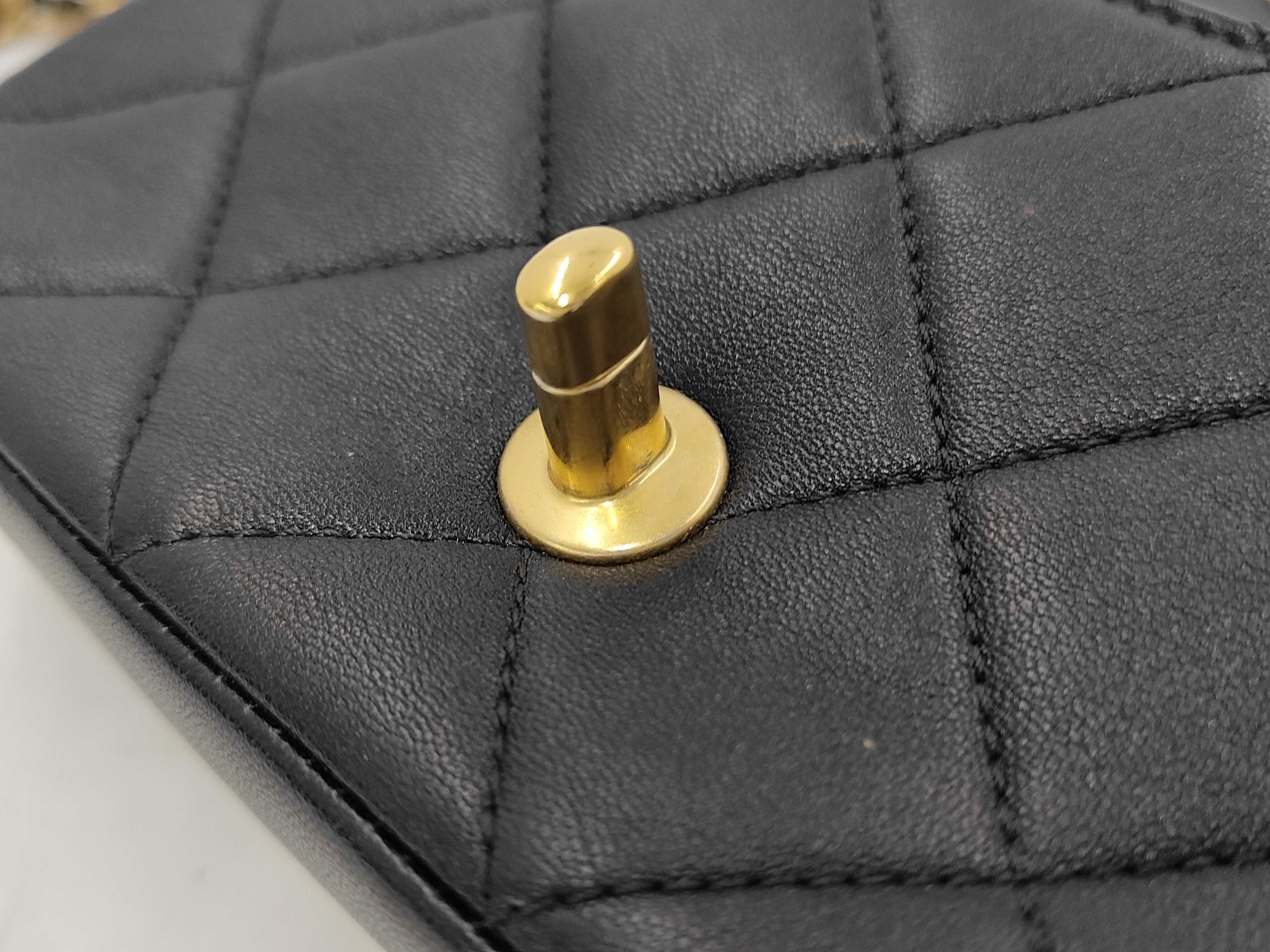 Mini Matelassé Chain Shoulder Bag, Black Lambskin, Pearl Chain, Gold Hardware. — view 12