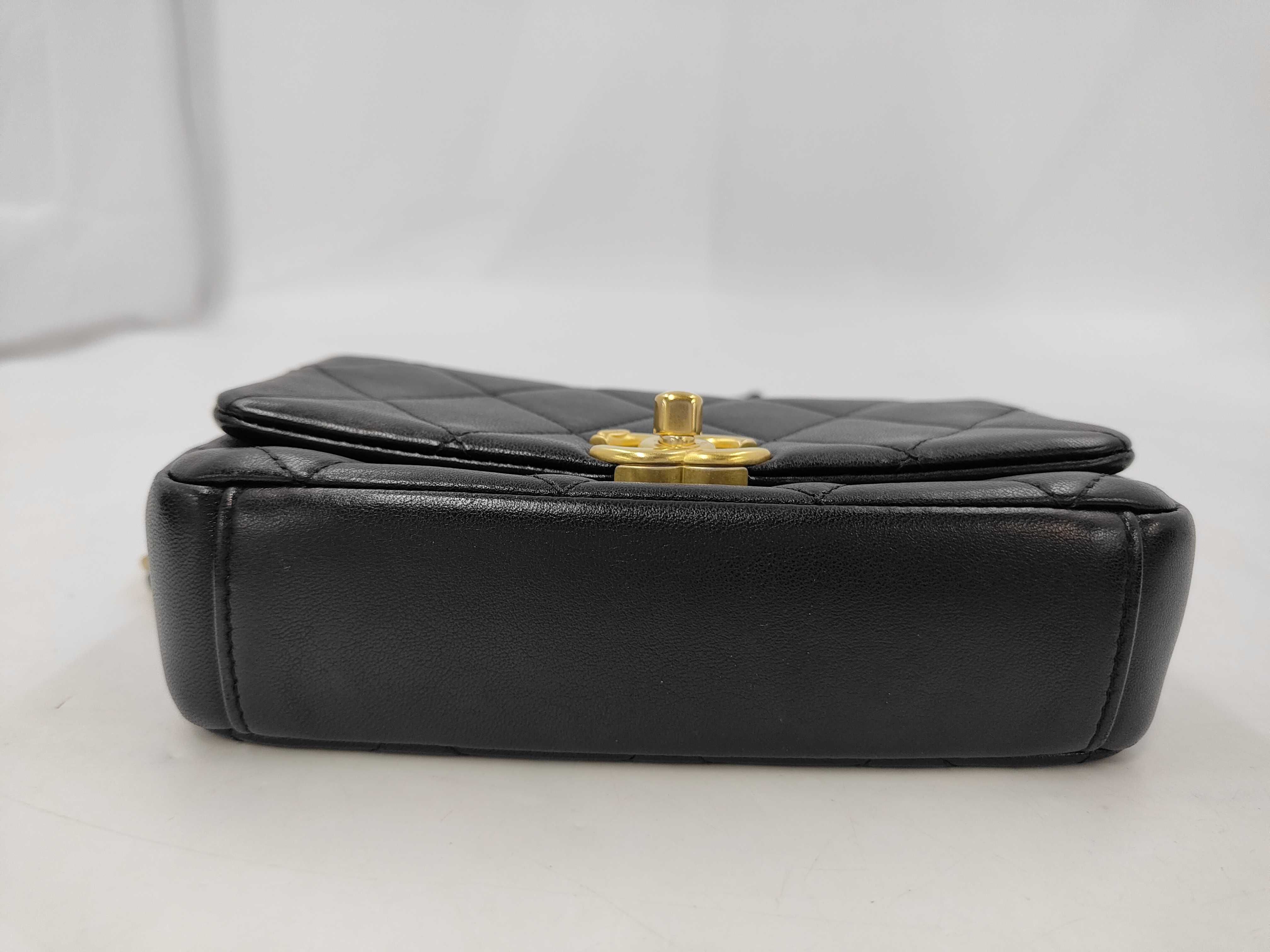 Mini Matelassé Chain Shoulder Bag, Black Lambskin, Pearl Chain, Gold Hardware. — view 3