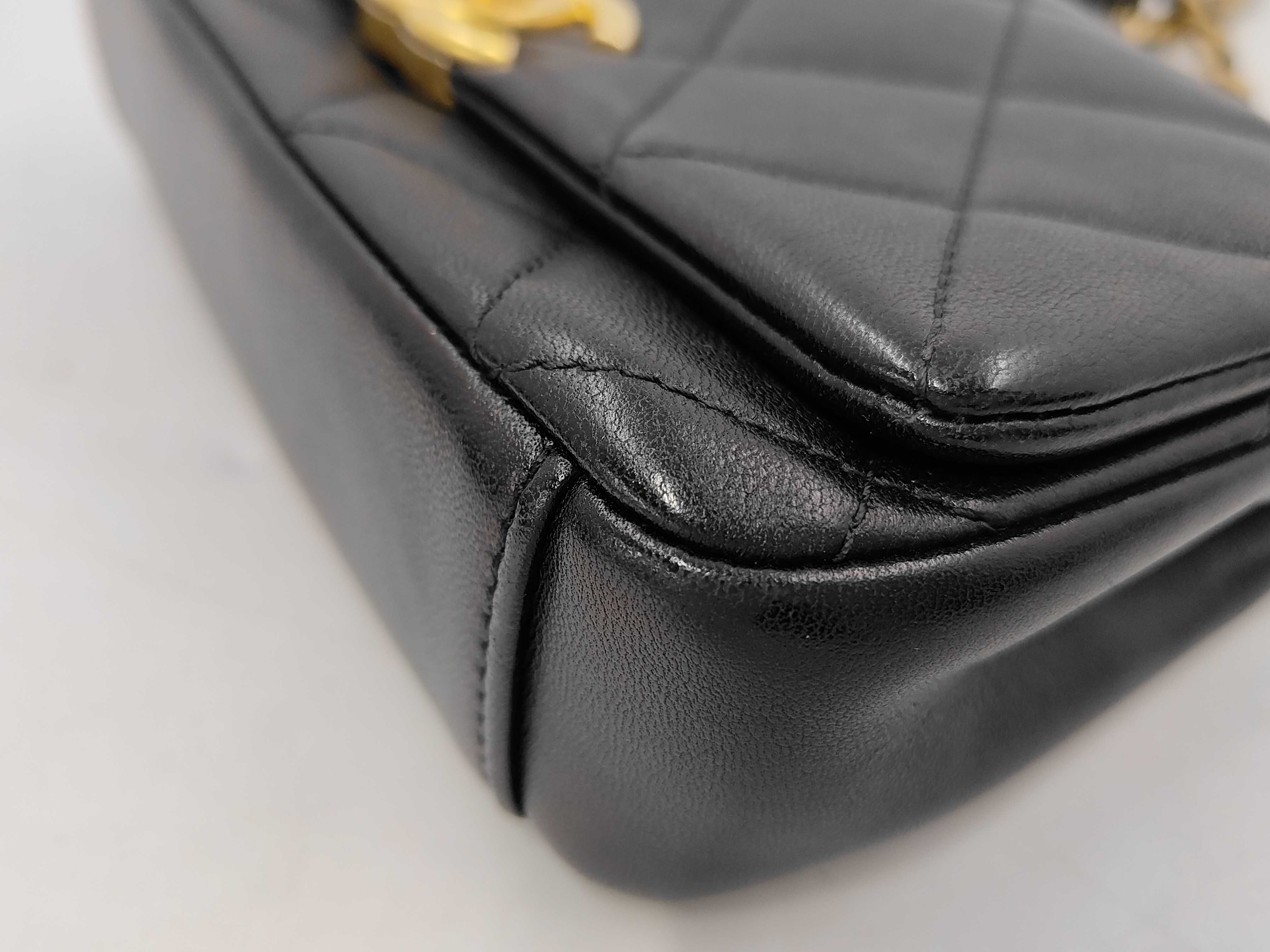 Mini Matelassé Chain Shoulder Bag, Black Lambskin, Pearl Chain, Gold Hardware. — view 4
