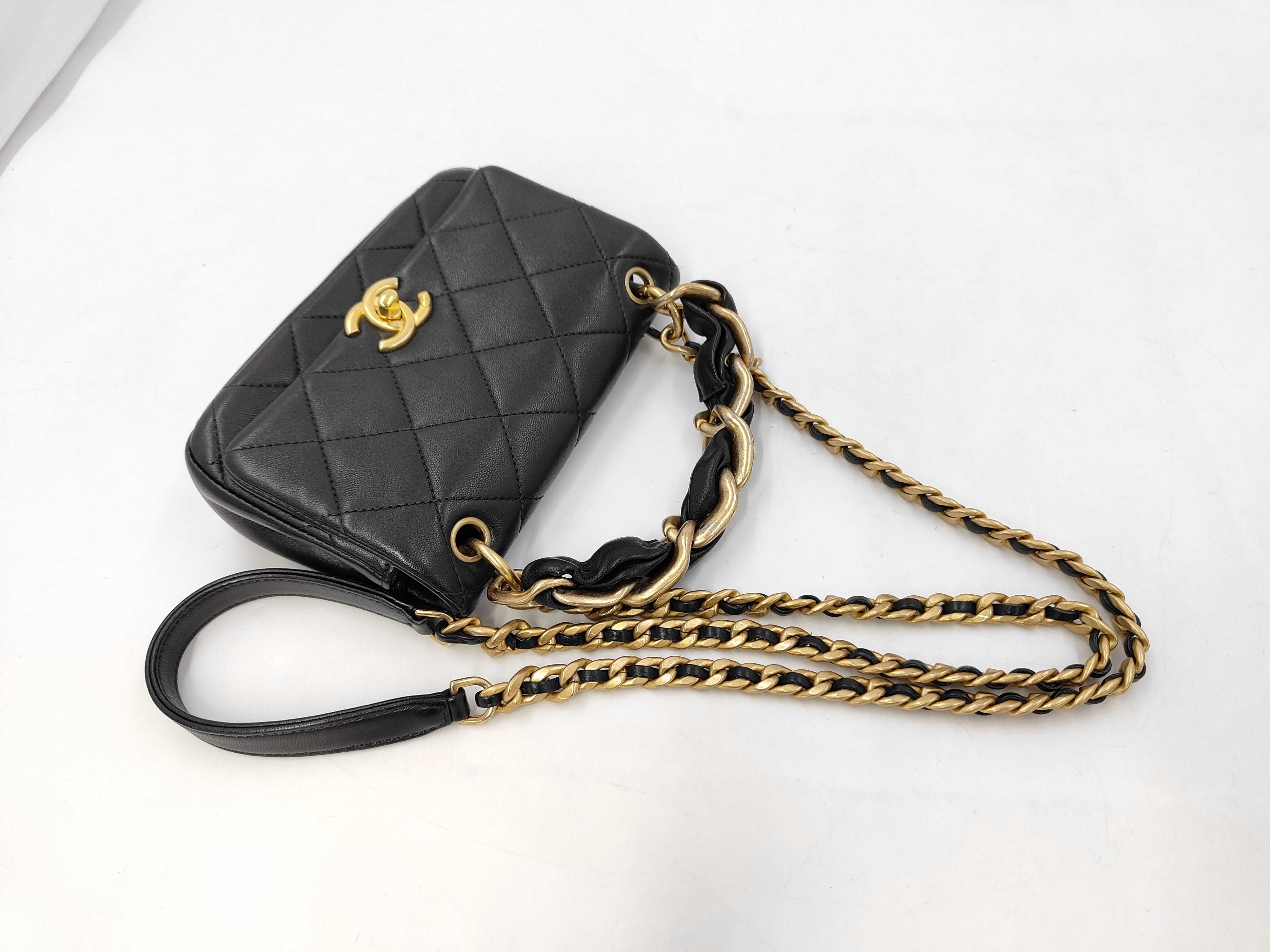 Mini Matelassé Chain Shoulder Bag, Black Lambskin, Pearl Chain, Gold Hardware. — view 5
