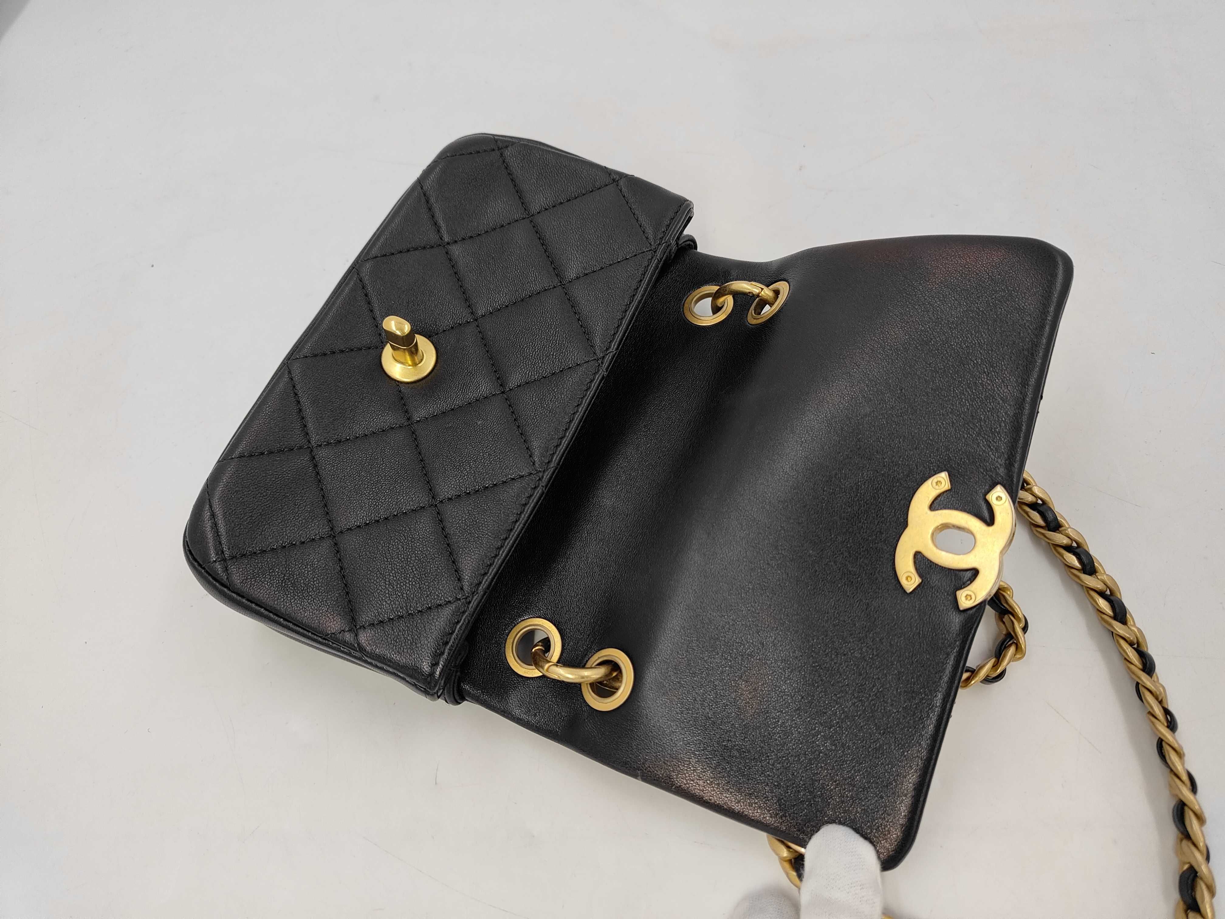 Mini Matelassé Chain Shoulder Bag, Black Lambskin, Pearl Chain, Gold Hardware. — view 8