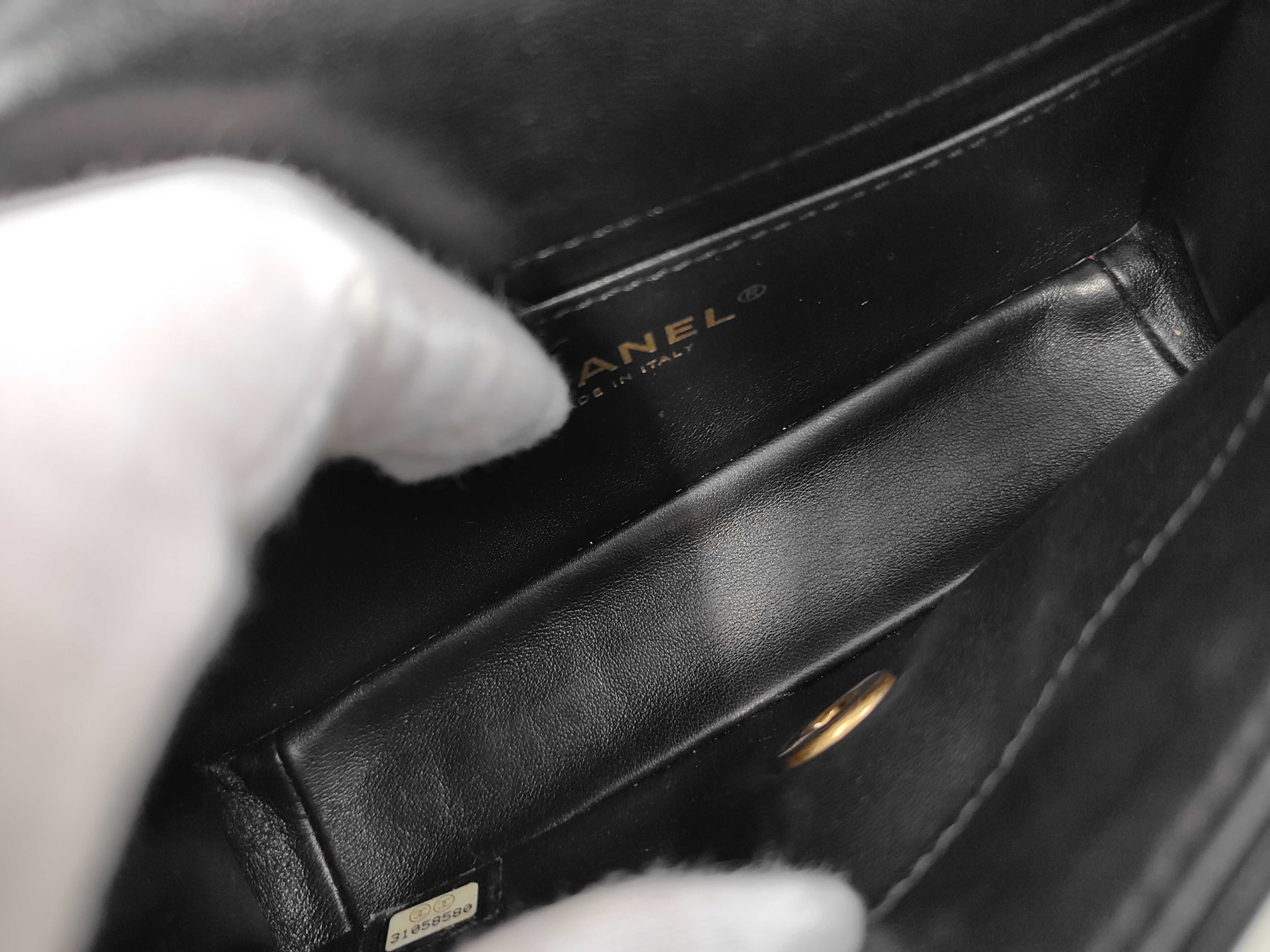 Mini Matelassé Chain Shoulder Bag, Black Lambskin, Pearl Chain, Gold Hardware. — view 9