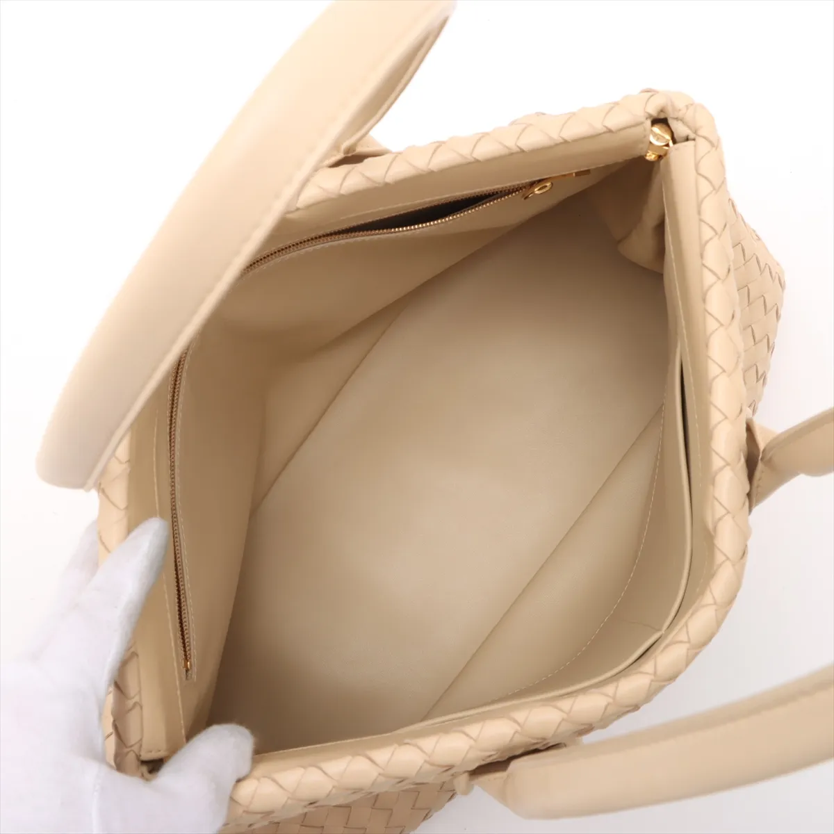 Intrecciato Leather Tote Bag, Beige — view 7