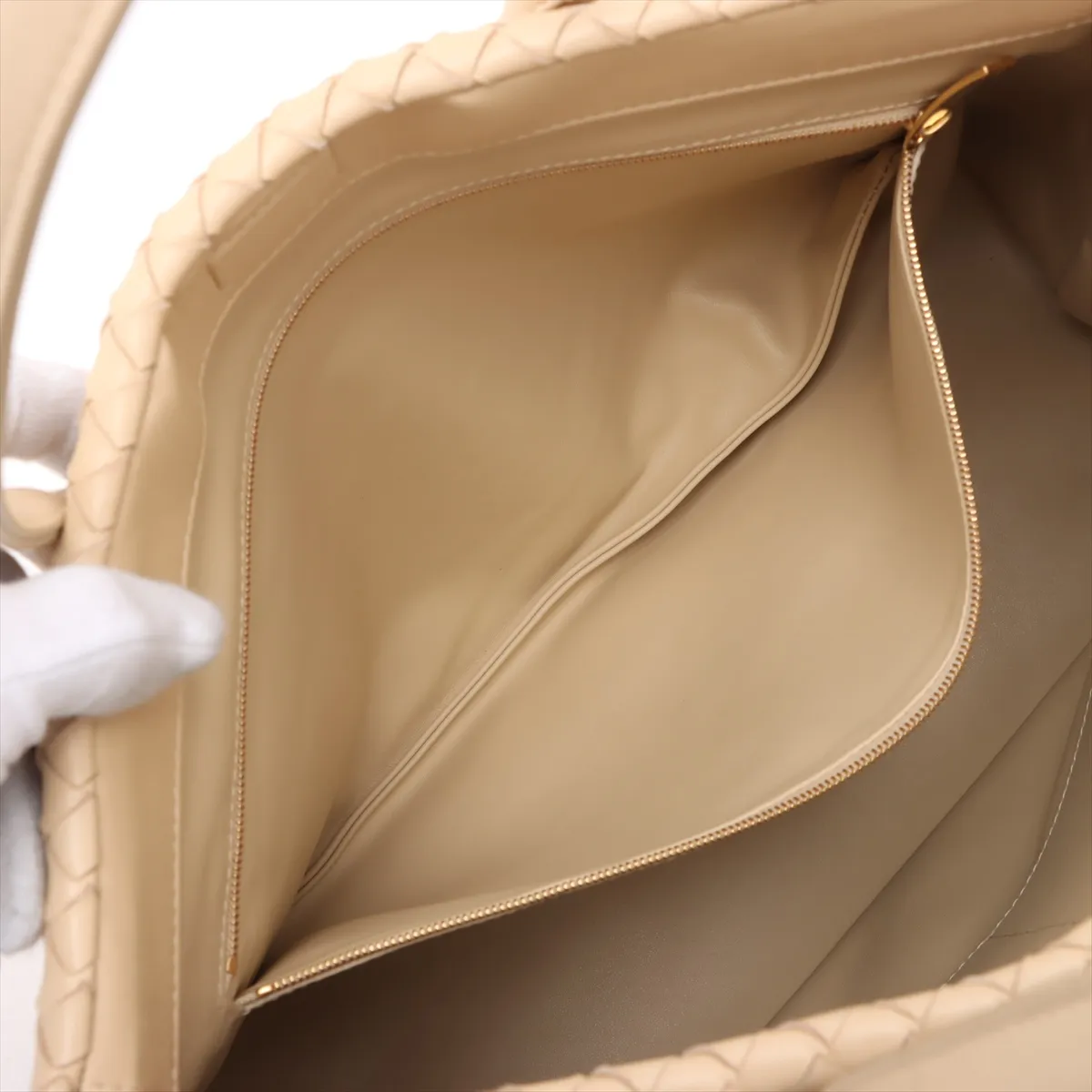 Intrecciato Leather Tote Bag, Beige — view 8