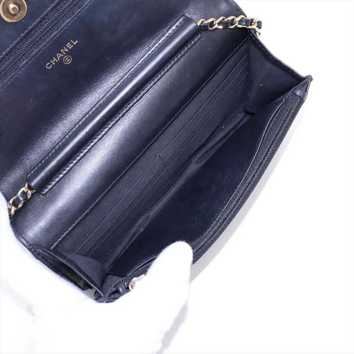 CC Filigree Caviar Skin Chain Wallet, Black with Gold Hardware, 28807709, serial number in the 28 range. — view 6