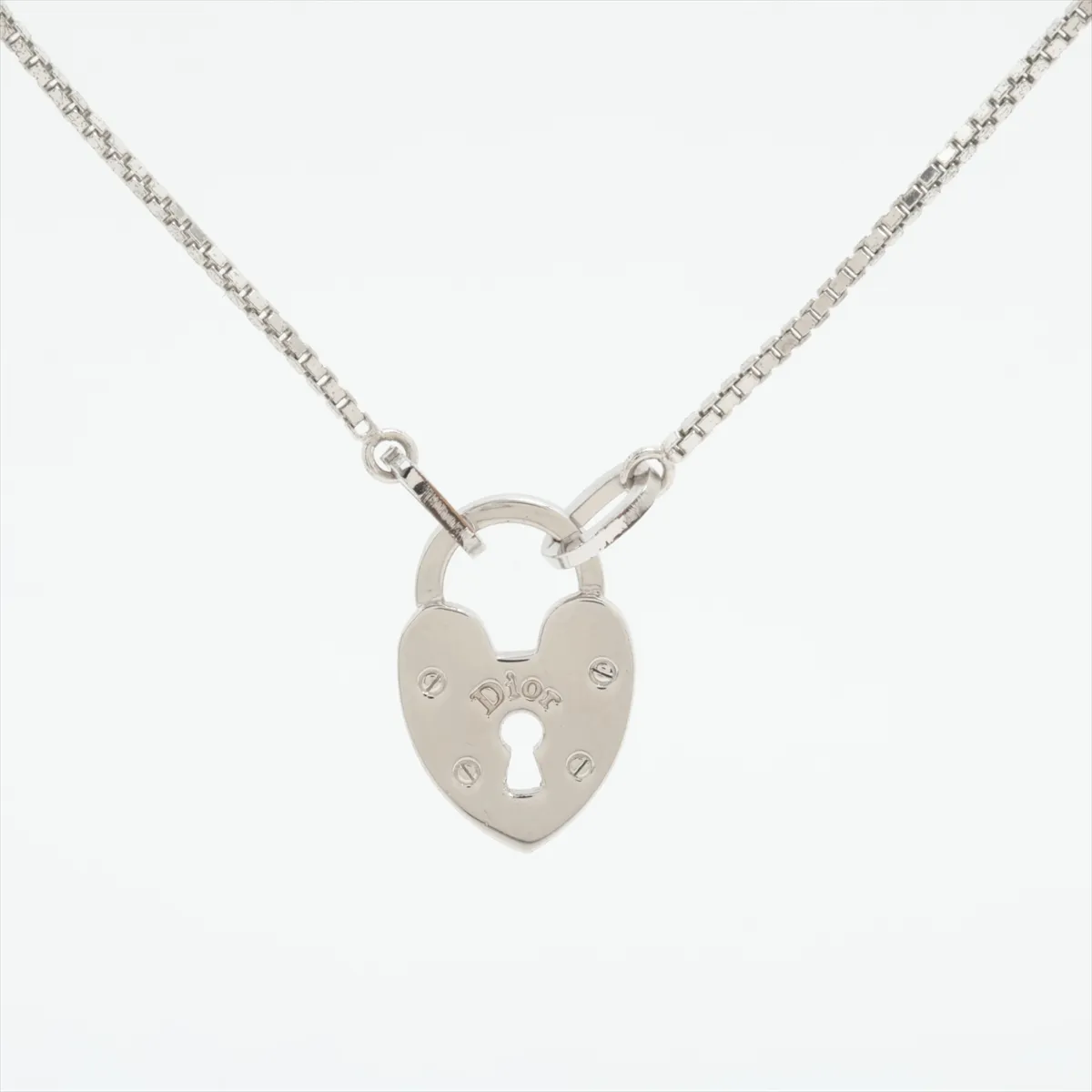 Heart Lock Necklace, Metal x Rhinestone, Silver, Dents, — view 2