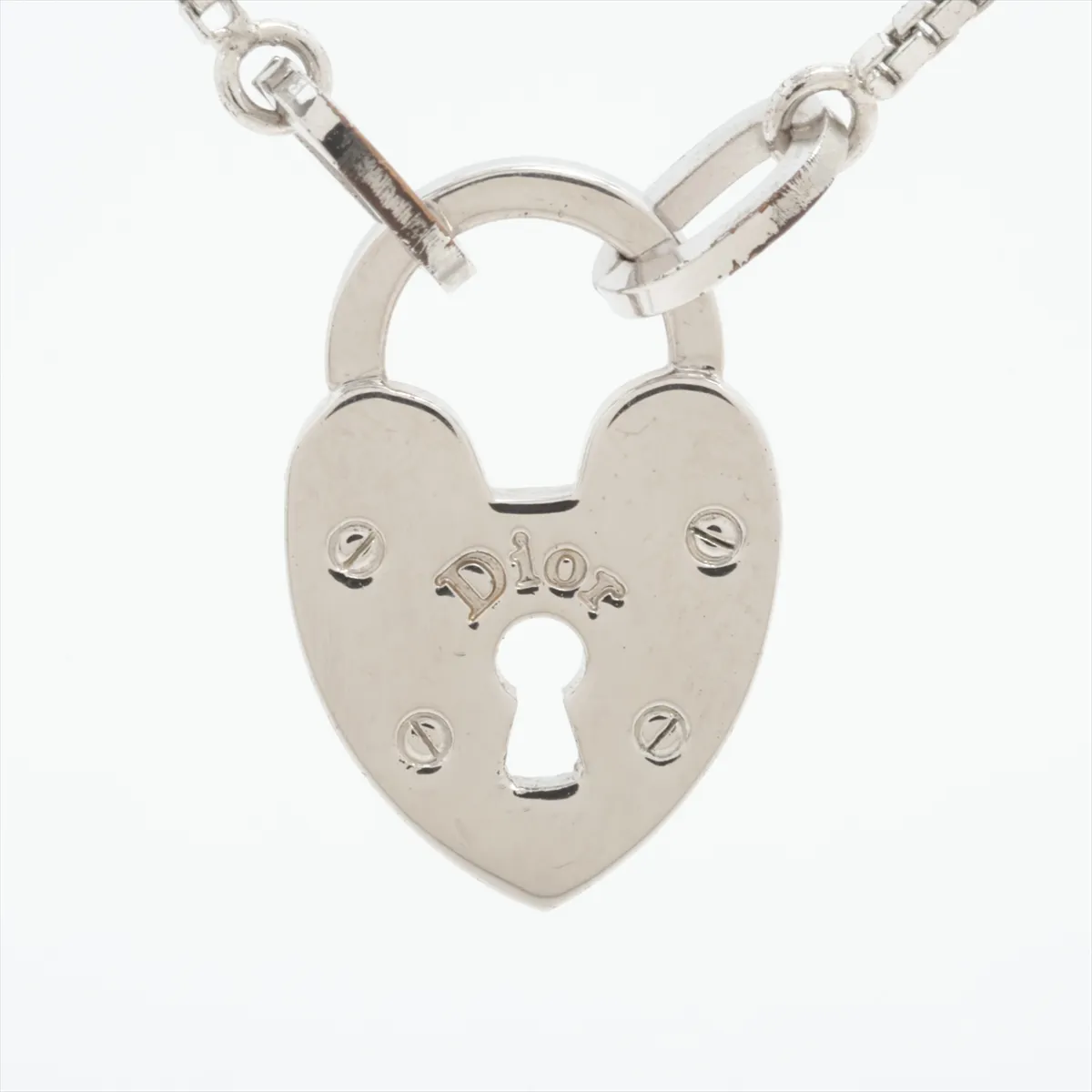 Heart Lock Necklace, Metal x Rhinestone, Silver, Dents, — view 4