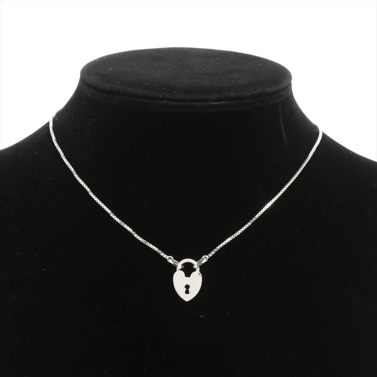Heart Lock Necklace, Metal x Rhinestone, Silver, Dents, — view 5