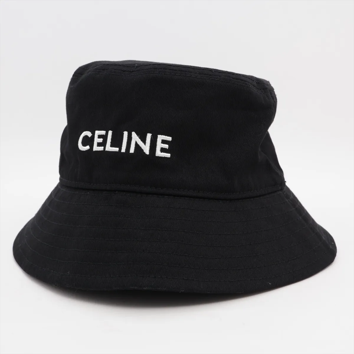 logo bucket hat, cotton, black. Shows signs of wear, shine,